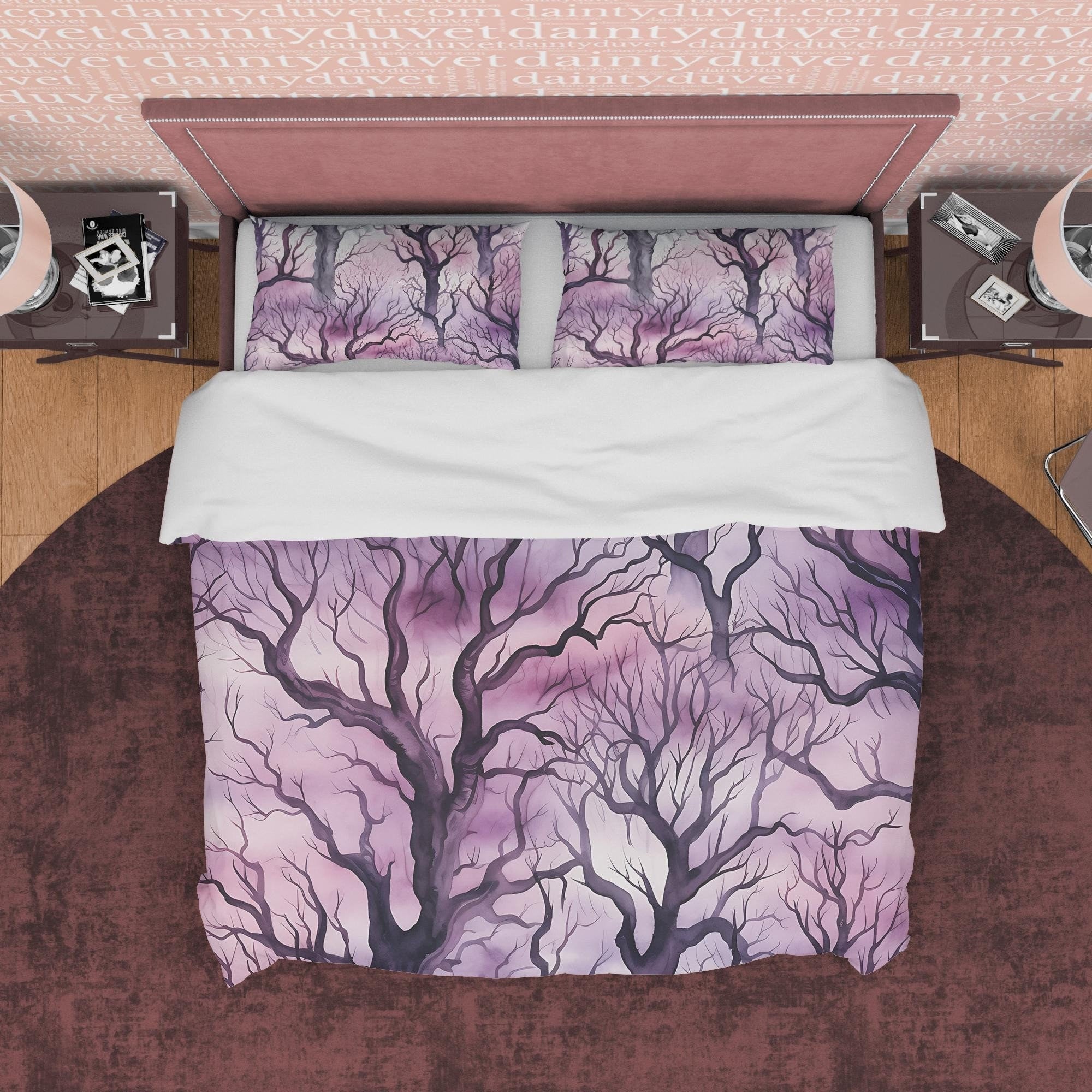 Purple Sky, Winter Enchanted Forest Themed Halloween Duvet Cover Set, Aesthetic Bedding, Spooky Room Decor, US, European, Australian Sizes