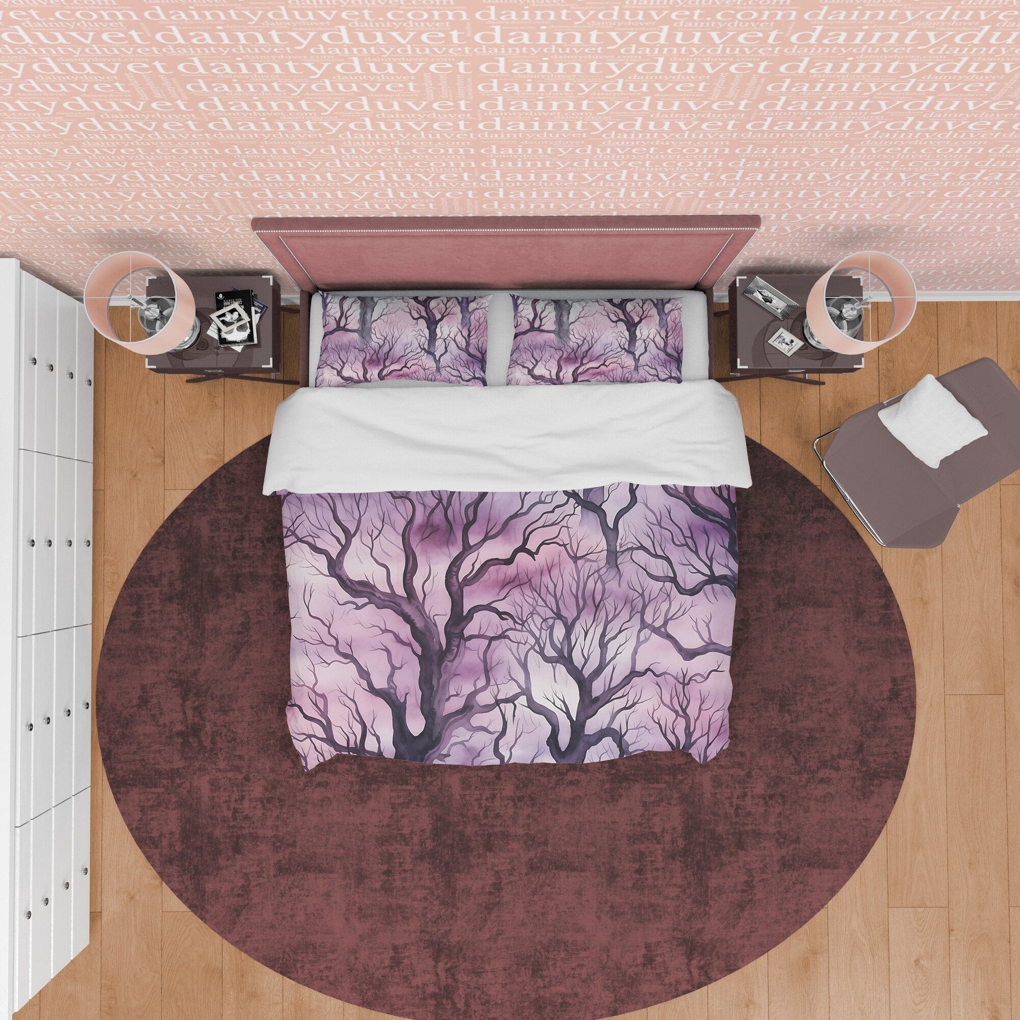 Purple Sky, Winter Enchanted Forest Themed Halloween Duvet Cover Set, Aesthetic Bedding, Spooky Room Decor, US, European, Australian Sizes