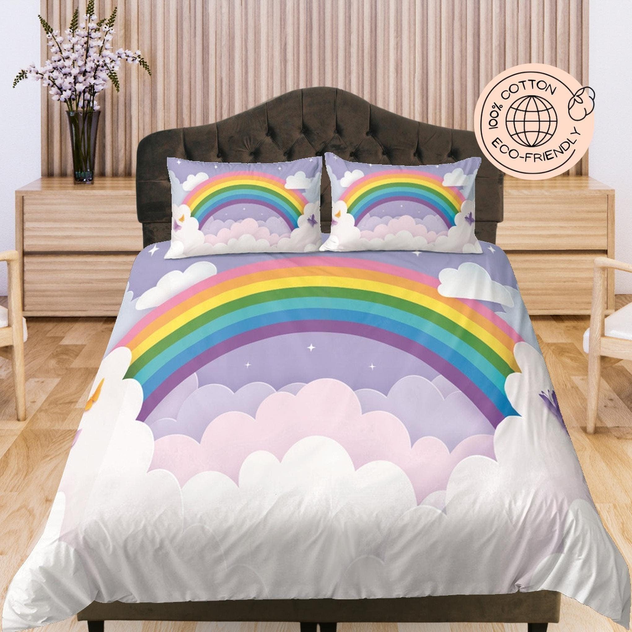 daintyduvet Rainbow and Clouds Cotton Duvet Cover Set for Kids, Coloful Toddler Bedding, Baby Zipper Bedding, Nursery Cotton Bedding, Crib Blanket