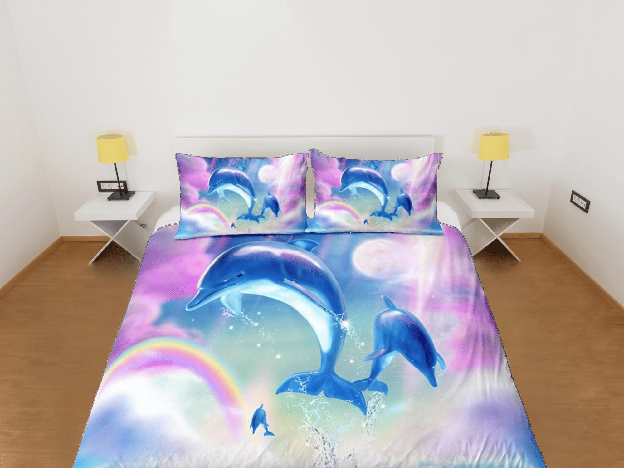 daintyduvet Rainbow & jumping dolphin bedding pink blue duvet cover, ocean blush decor bottle nose dolphin bedding set full king queen, dorm bedding
