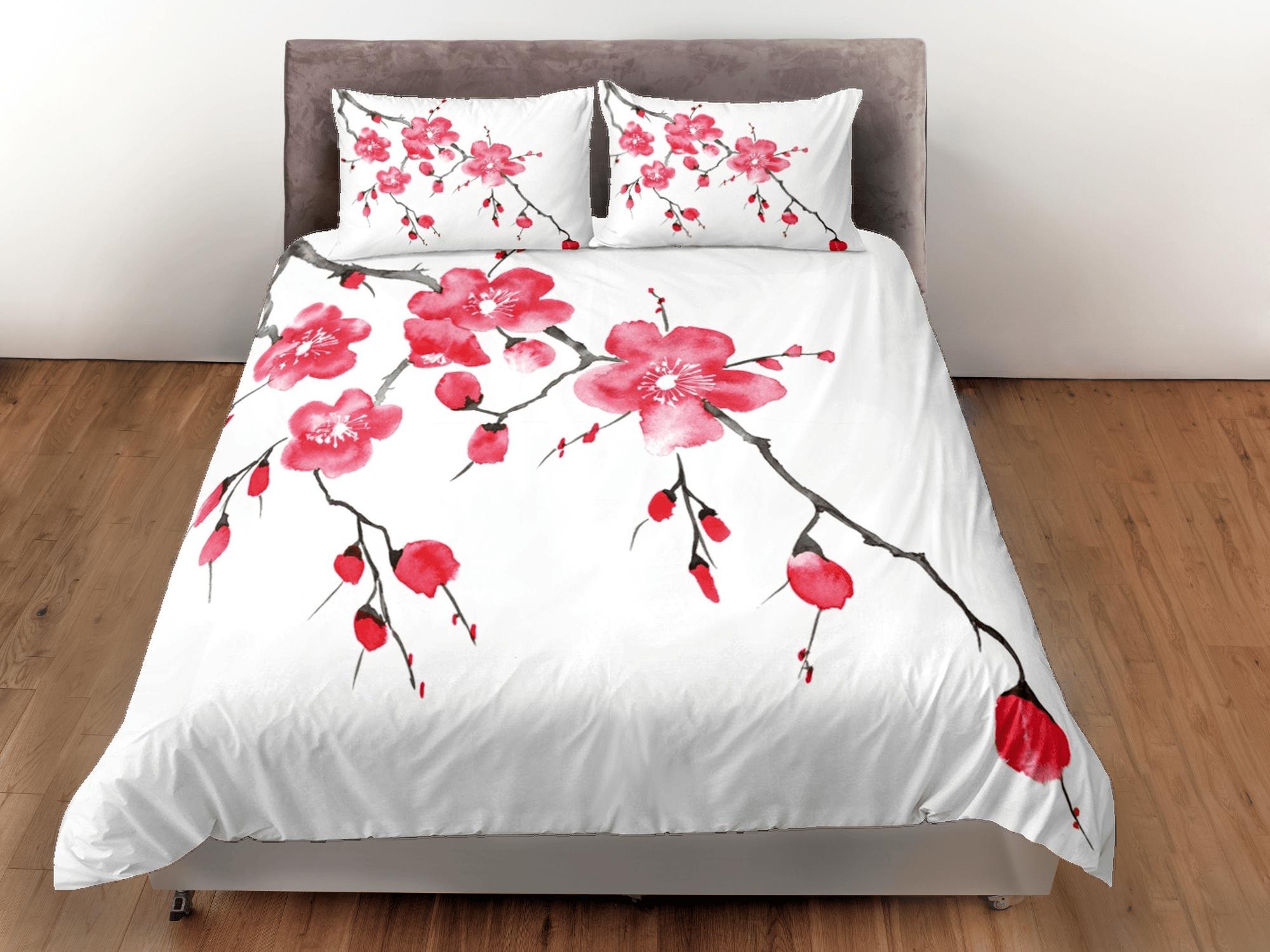 daintyduvet Red cherry blossom bedding floral prints white duvet cover queen, king, boho bedding designer bedspread full size bedding aesthetic