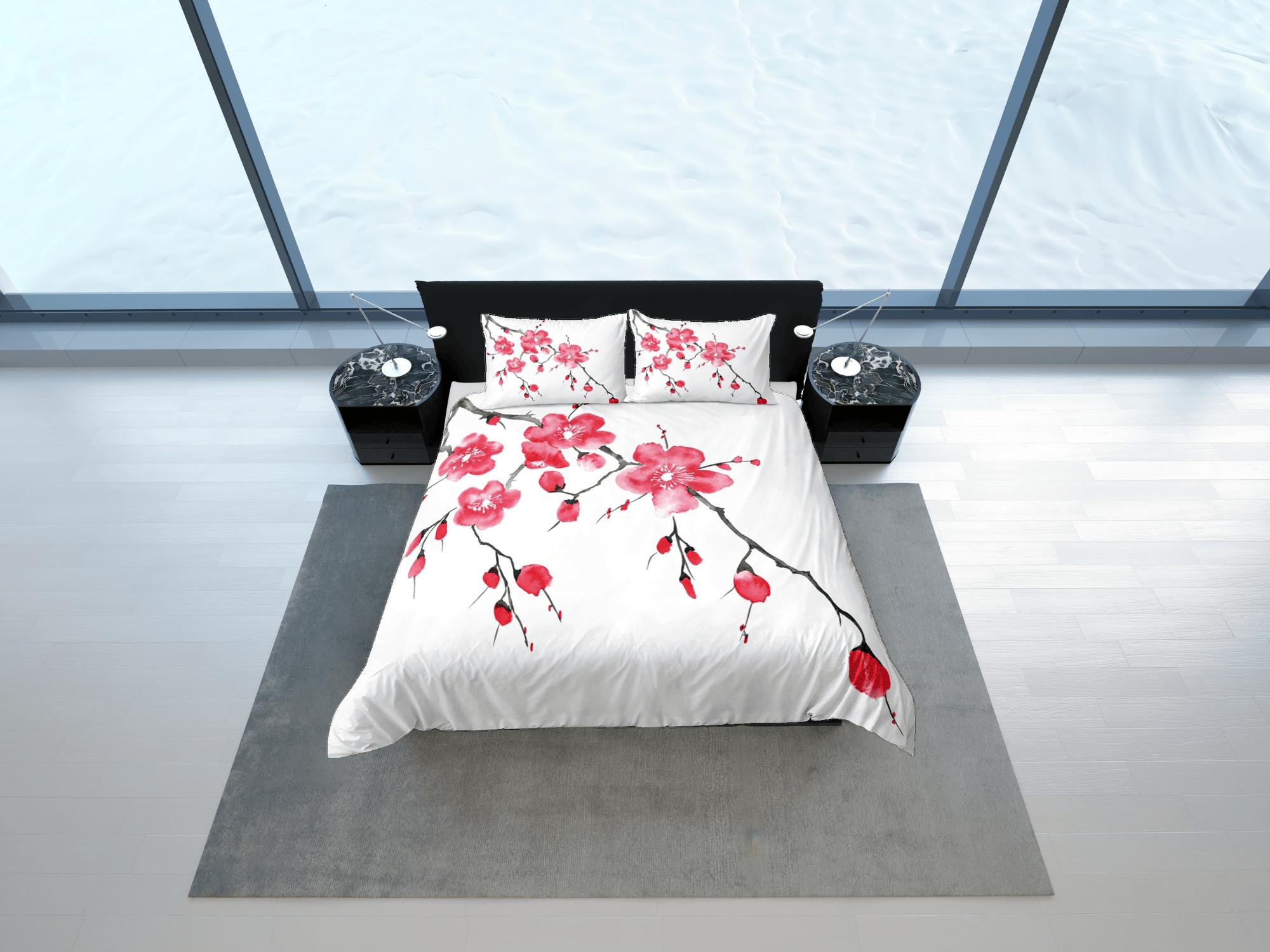 daintyduvet Red cherry blossom bedding floral prints white duvet cover queen, king, boho bedding designer bedspread full size bedding aesthetic