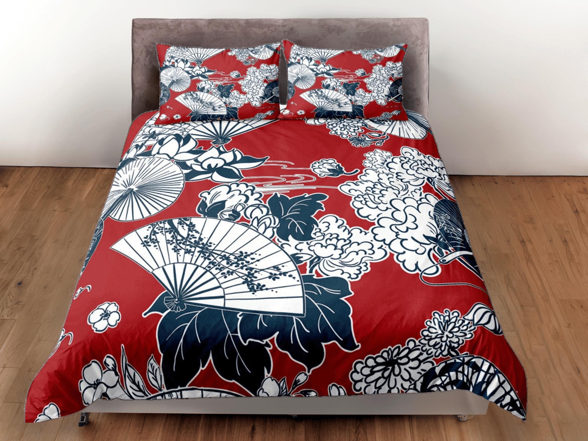 daintyduvet Red Duvet Cover Set Oriental Fan Asian Style Bedspread, Dorm Bedding & Pillowcase