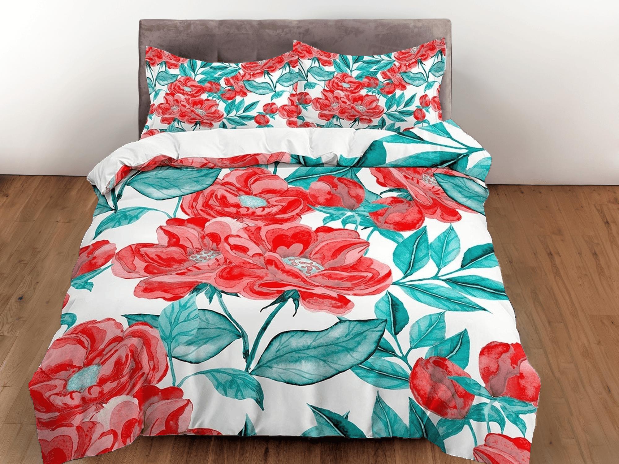 daintyduvet Red green biophilic bedding, floral printed duvet cover queen, king, boho duvet, designer bedding, aesthetic bedding, maximalist decor