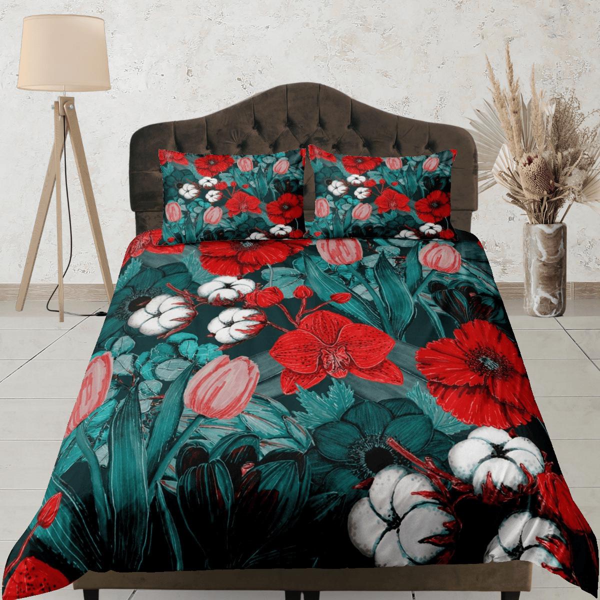daintyduvet Red poppies and tulip floral duvet cover colorful bedding, teen girl bedroom, baby girl crib bedding boho maximalist bedspread aesthetic