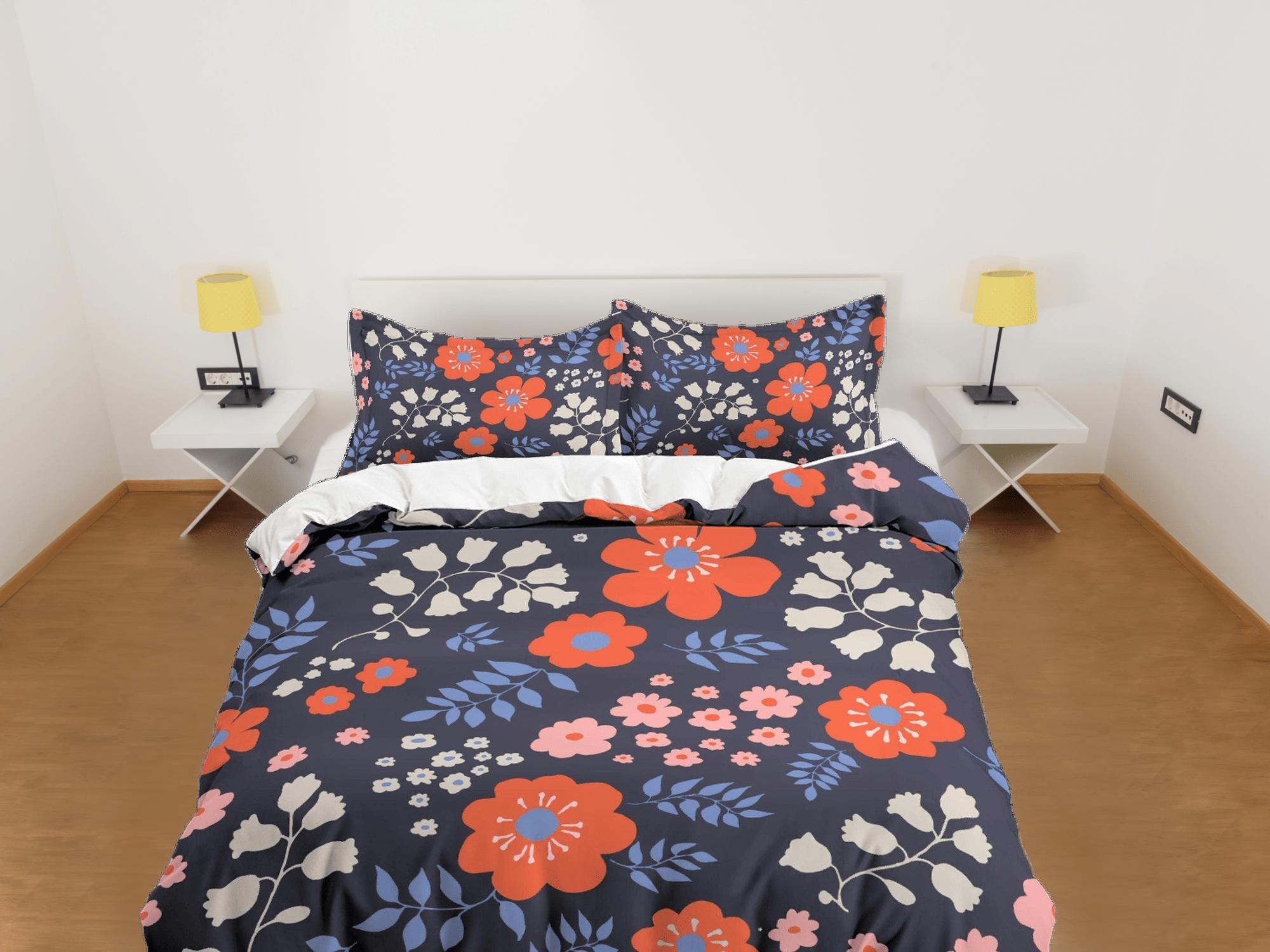 daintyduvet Red poppies floral dark blue duvet cover colorful bedding, teen girl bedroom, baby girl crib bedding boho maximalist aesthetic bedding