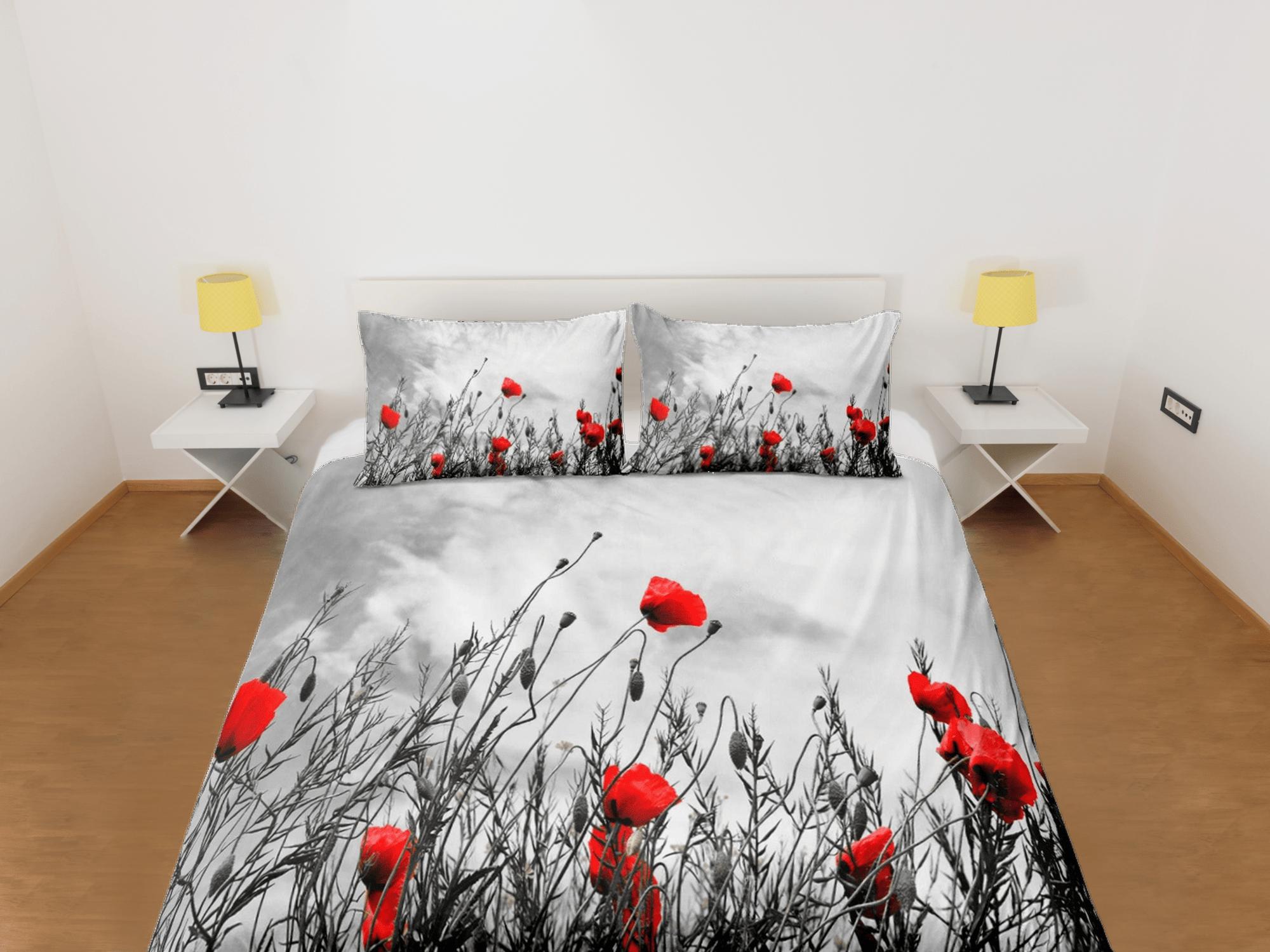 daintyduvet Red poppies nostalgic grey duvet cover colorful bedding, teen girl bedroom, baby girl crib bedding boho maximalist bedspread aesthetic