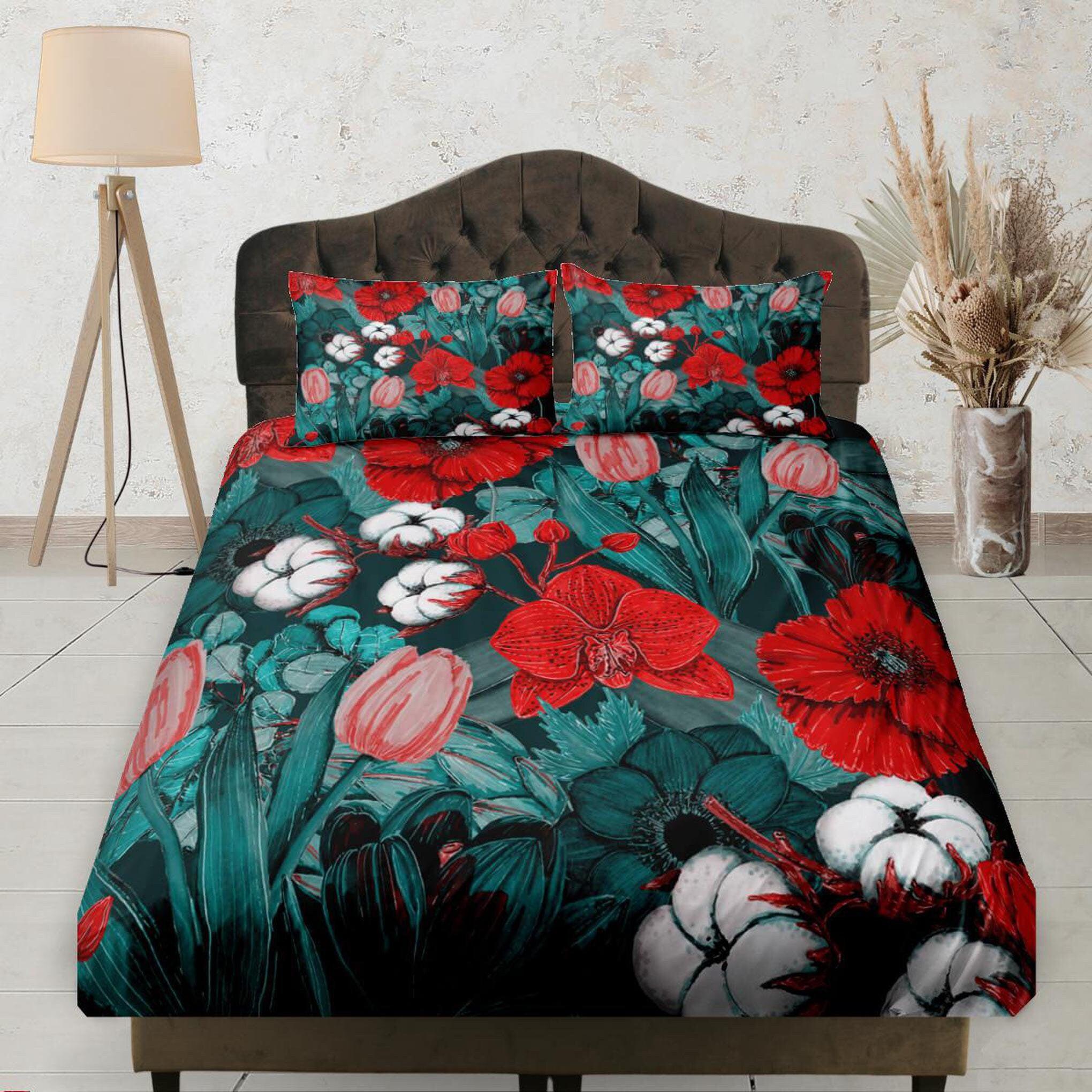 daintyduvet Red Poppy and Wild Flowers Fitted Bedsheet Deep Pocket, Floral Aesthetic Boho Bedding Set Full, Dorm Bedding, Crib Sheet, King, Queen