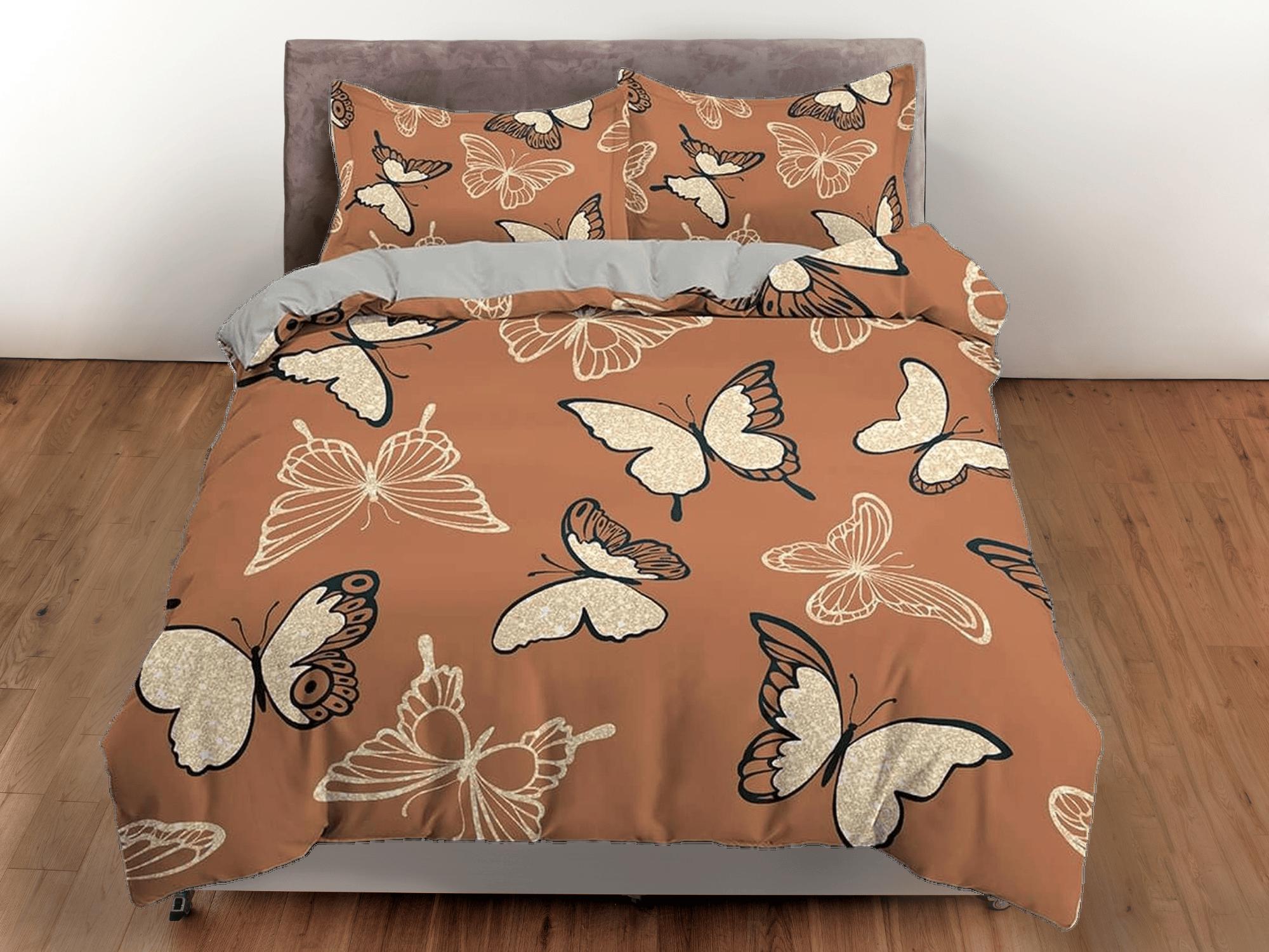 daintyduvet Retro butterfly bedding brown duvet cover colorful dorm bedding, full size adult duvet king queen twin, butterfly nursery toddler bedding