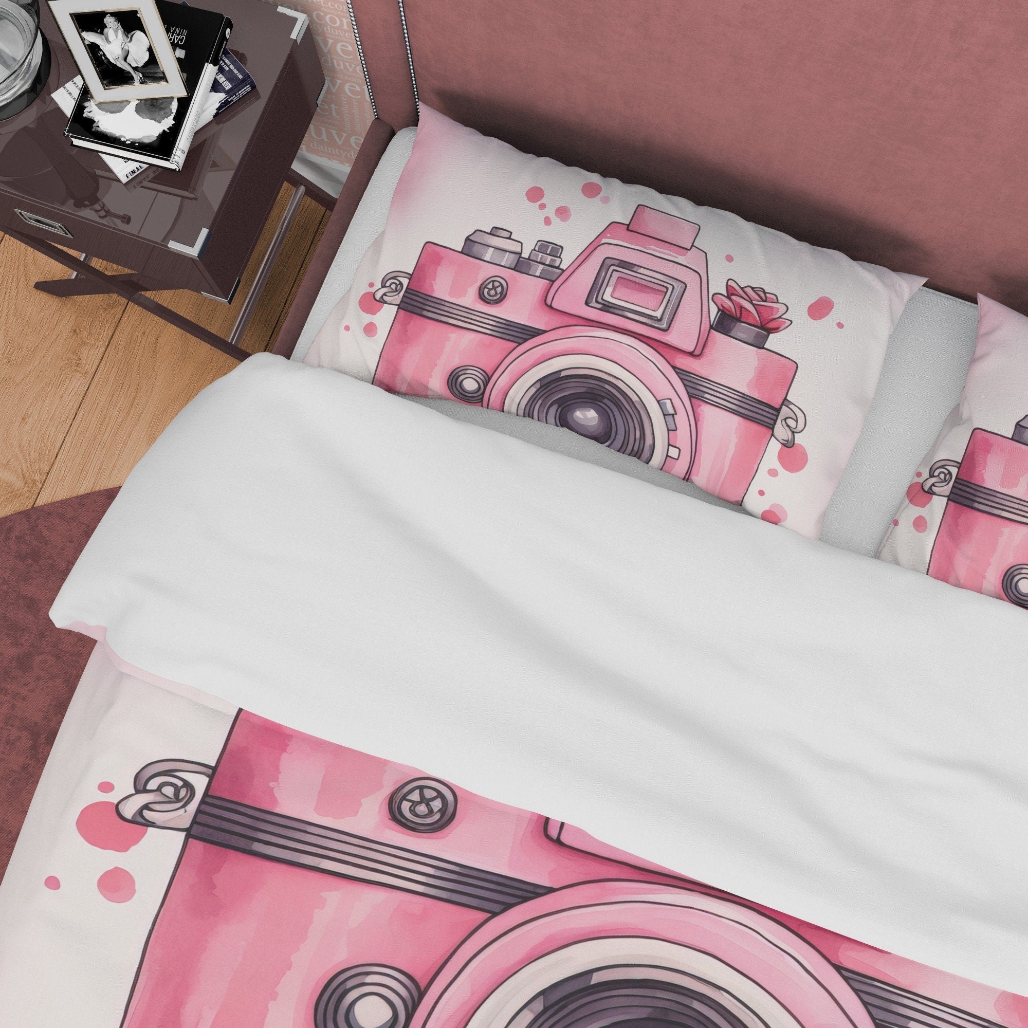 Retro Camera Duvet Cover Set Baby Pink Bedding, Vintage Girly Bedroom Set, Cute Quilt Cover, Photophille Bedspread, Photographer Gift