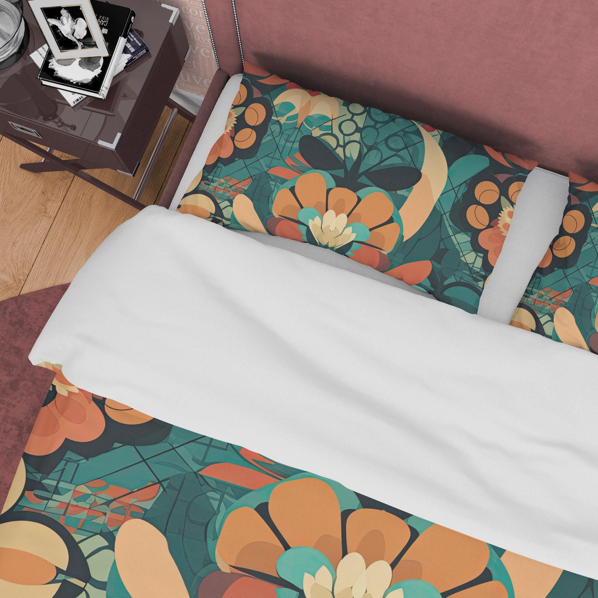 Retro Floral  Bedding Set, Vintage Green Queen Duvet Cover, 70s Nostalgia Quilt Cover, Unique Bedspread, Geometric Bed Cover, Zipper Bedding