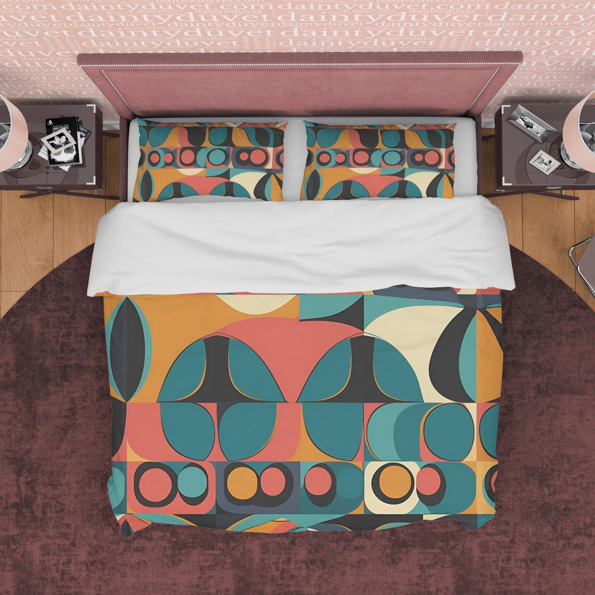 Retro Geometric Bedding Set, Green Orange Duvet Cover, Vintage Quilt Cover, 70's Nostalgia Bedspread, Unique Bed Cover, Zipper Bedding