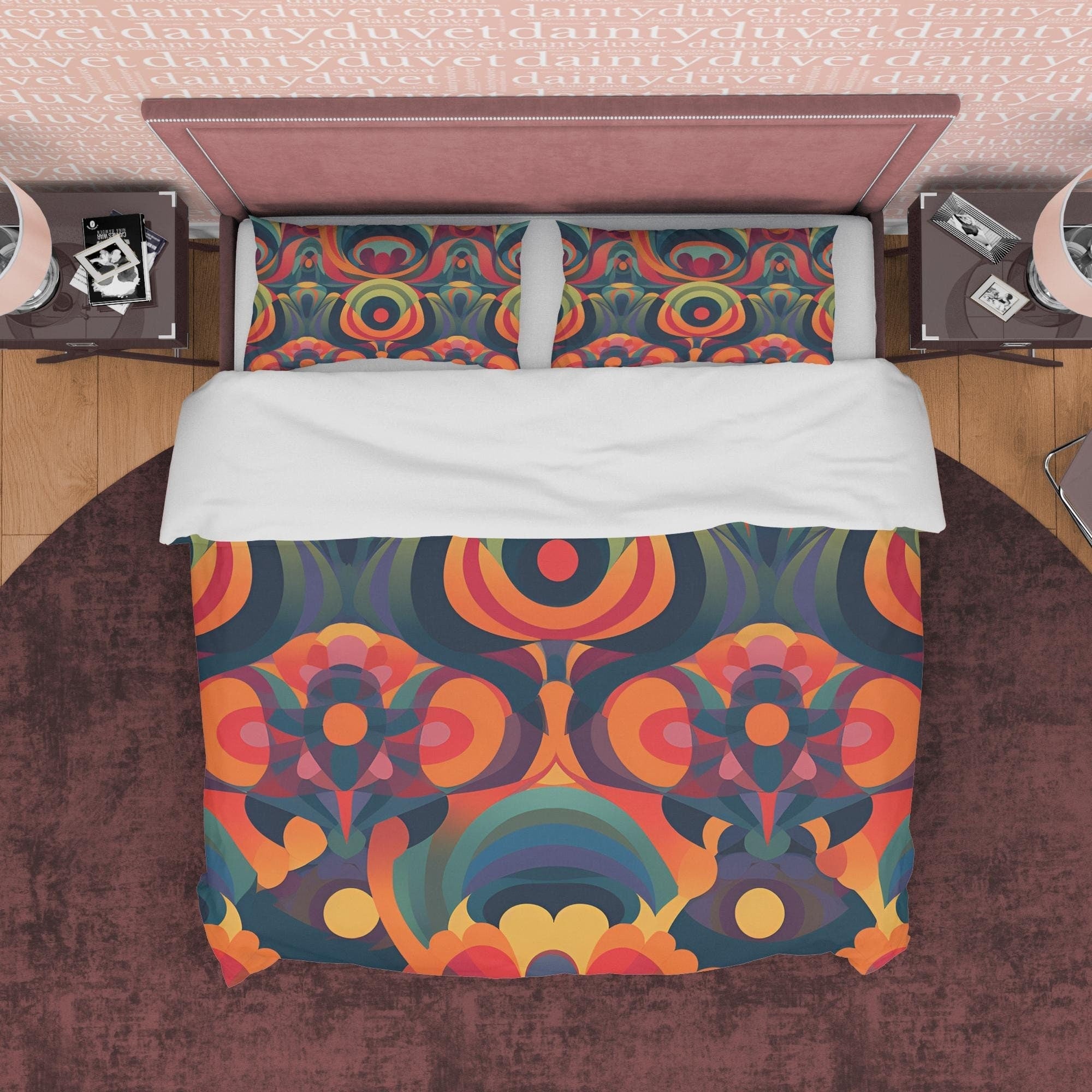 Retro Orange Geometric Duvet Cover, Vintage  70's Pattern Quilt Cover, Burning Pattern Bedspread, Unique Flame Bed Cover, Zipper Bedding