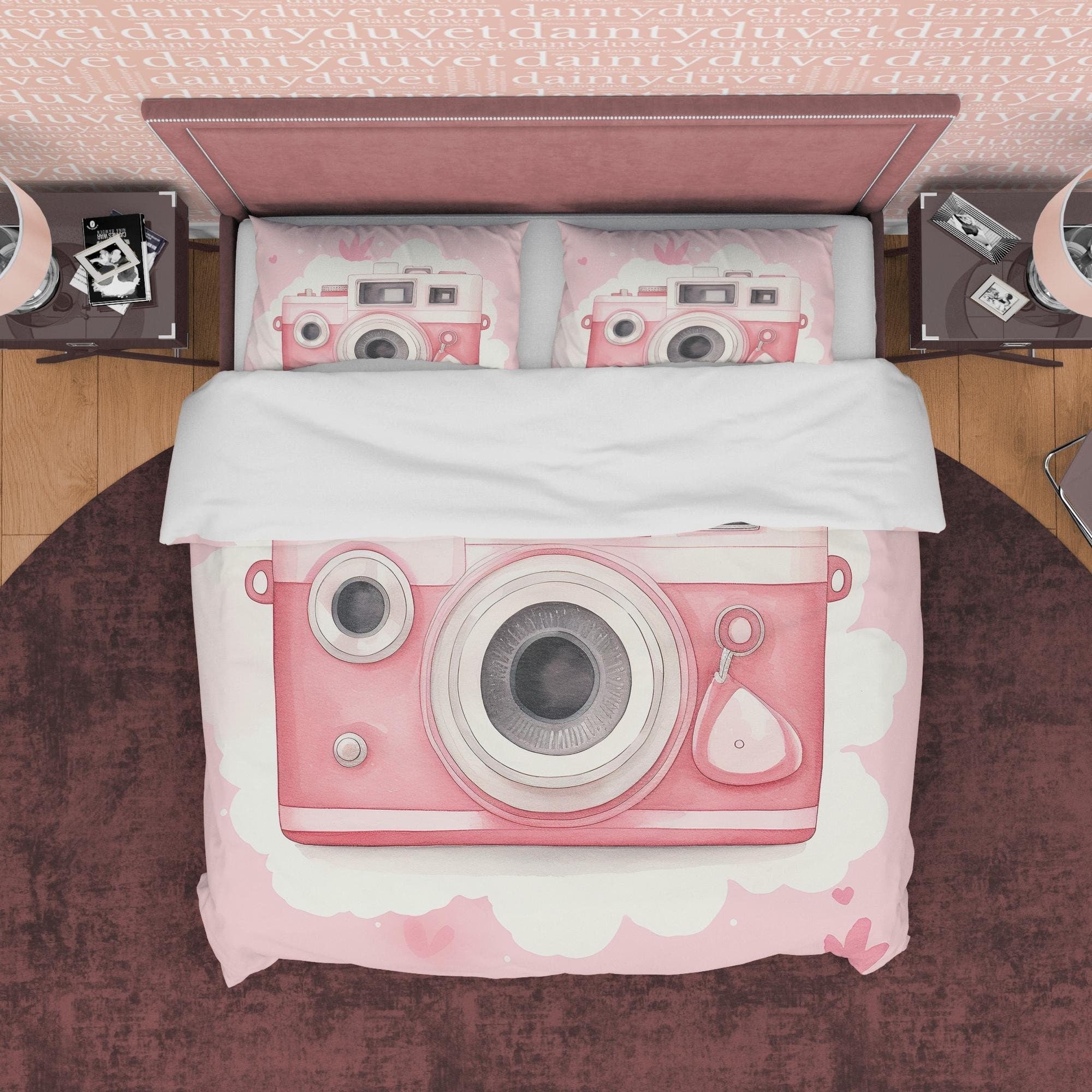 Retro Pink Camera Girls Bedroom Duvet Cover, Photography Lover Bedroom Quilt, Girly Vintage Camera Pink Bedspread, Girl Photographer Gift