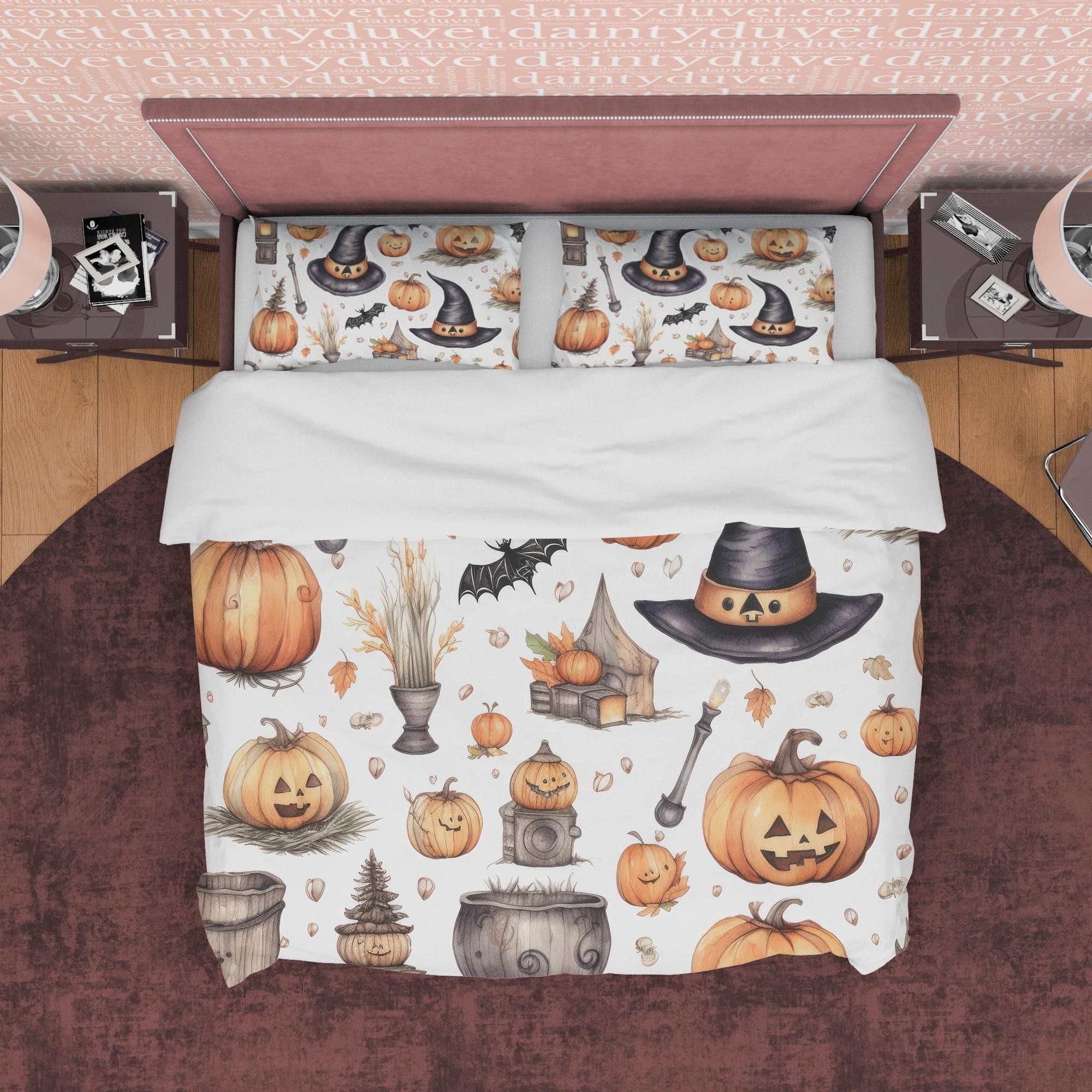 Retro Style Halloween Duvet Cover Set, Pumpkin, Witch Hat, Aesthetic Zipper Bedding, Spooky Bedroom, US, UK, European, Australian Bed Size