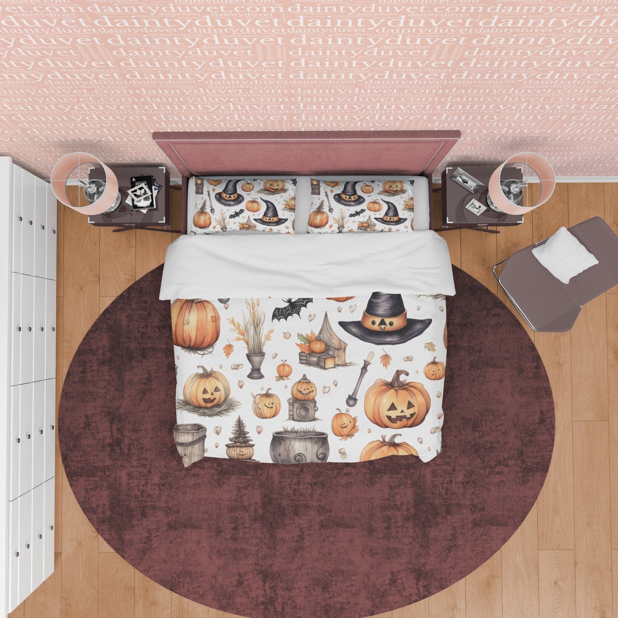 Retro Style Halloween Duvet Cover Set, Pumpkin, Witch Hat, Aesthetic Zipper Bedding, Spooky Bedroom, US, UK, European, Australian Bed Size