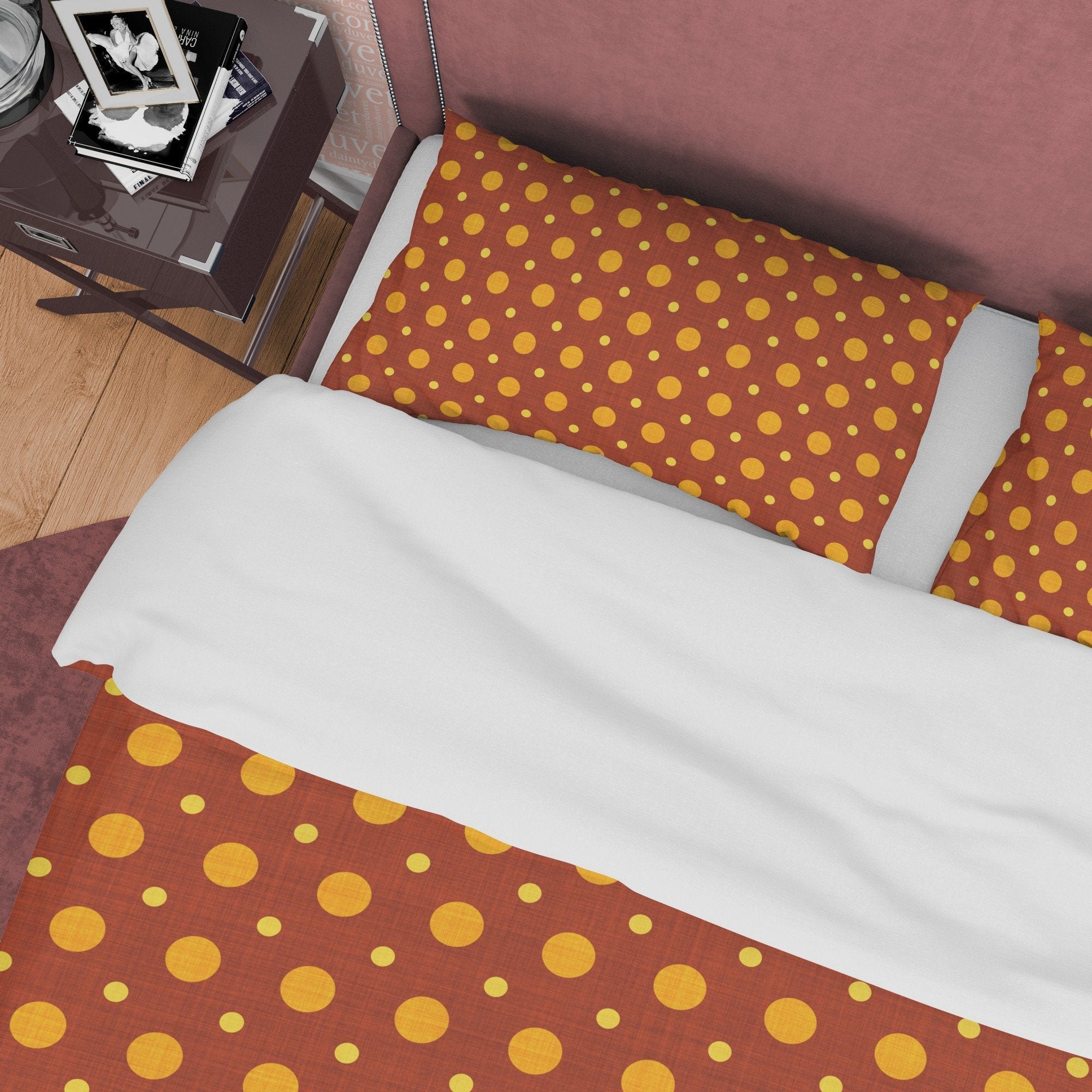 Rustic Brown Polka Dot Duvet Cover Geometric Bedding, Autumn Color Quilt Cover, Mid Century Modern Bedroom Set, Unique Choco Bedspread
