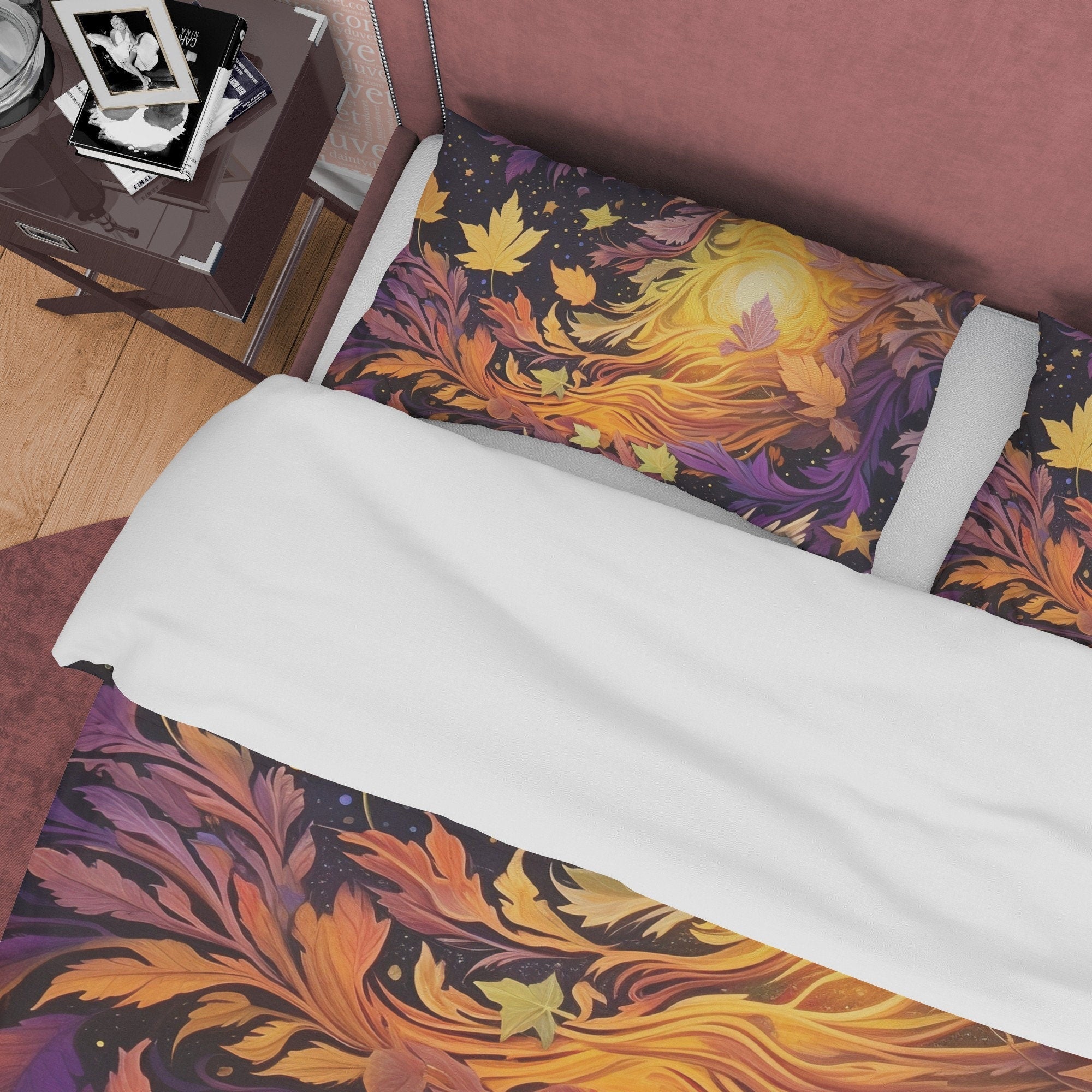 Rustic Duvet Cover Purple with Flying Bird, Autumn Bedding Set, Warm Autumn Colors Printed Quilt Cover, Foliage Bedspread