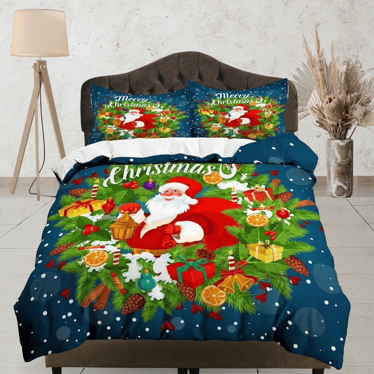 daintyduvet Santa Claus Merry Christmas bedding & pillowcase holiday gift blue duvet cover king queen full twin toddler bedding baby Christmas farmhouse