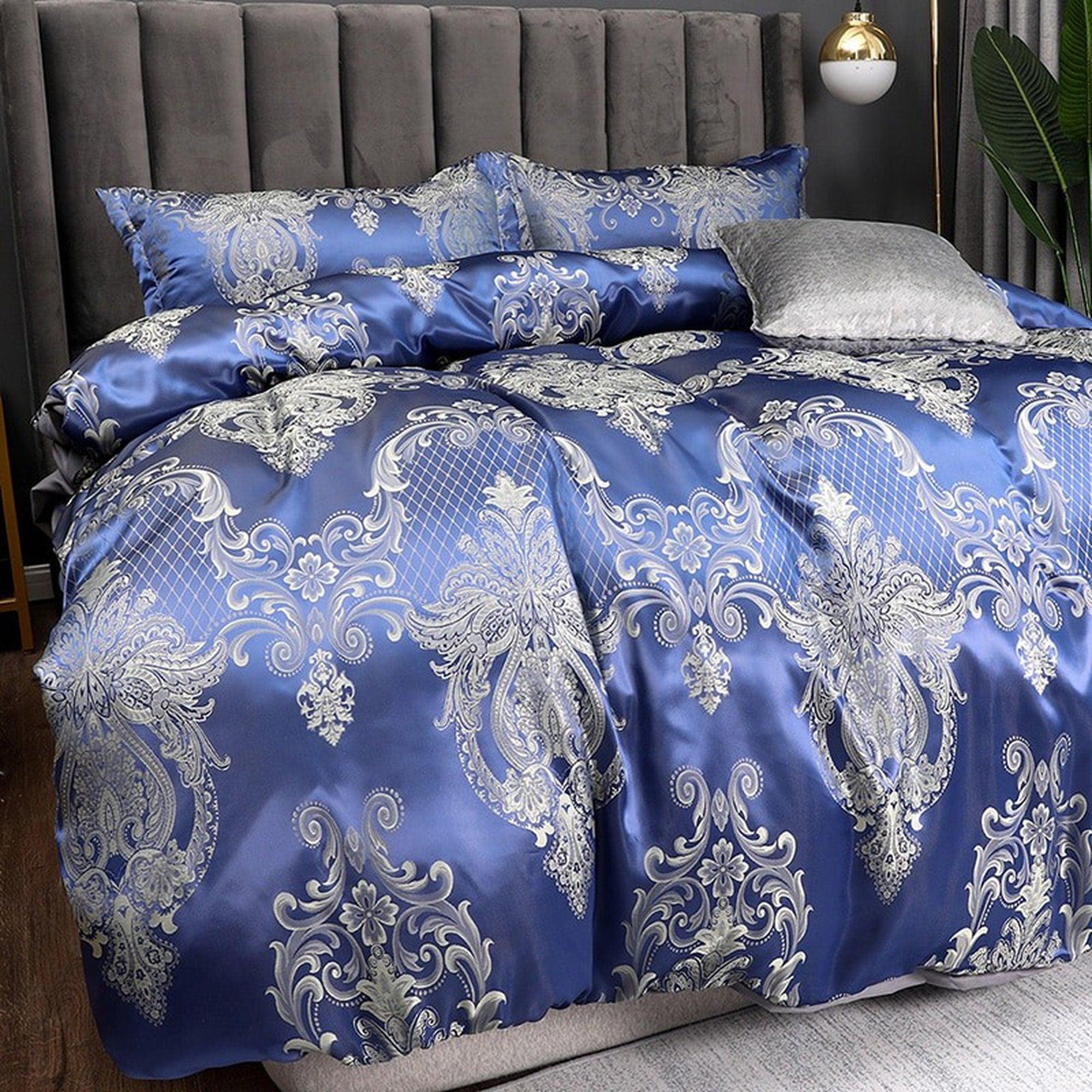 daintyduvet Sapphire Blue Luxury Bedding made with Silky Jacquard Fabric, Embroidered Duvet Cover Set, Designer Bedding, Aesthetic Duvet King Queen Full
