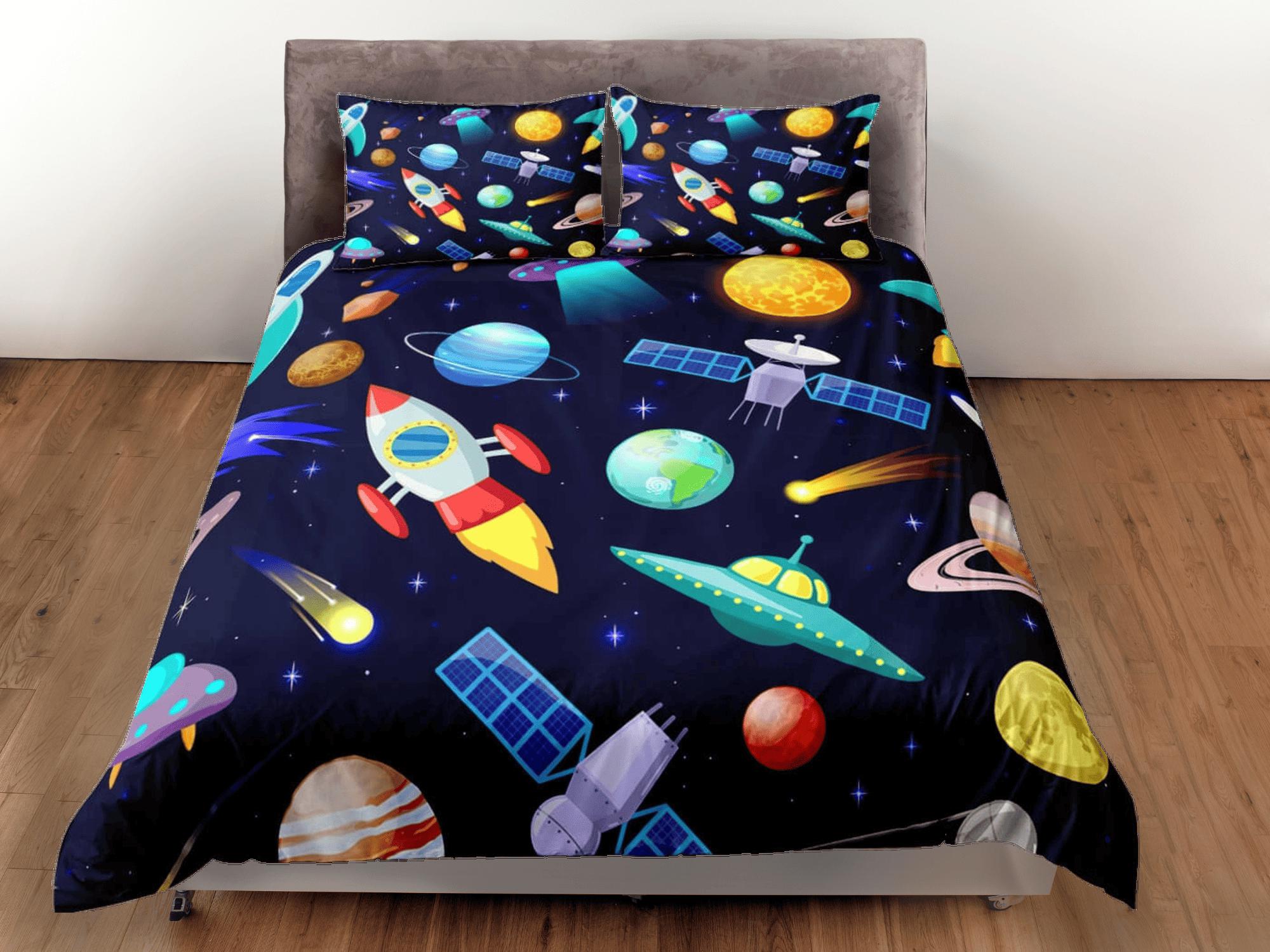 daintyduvet Satellite and spaceship duvet cover set for kids, galaxy bedding set full, king, queen, astronomy dorm bedding, toddler bedding aesthetic