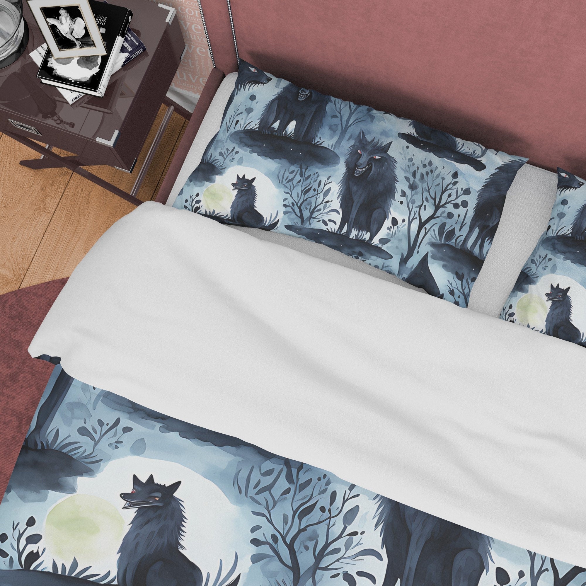 Scary Full Moon Quilt Cover Vampire Wolf Duvet Cover Set, Spooky Night Aesthetic Zipper Bedding, Halloween Room Decor, Unique Gray Bed Cover