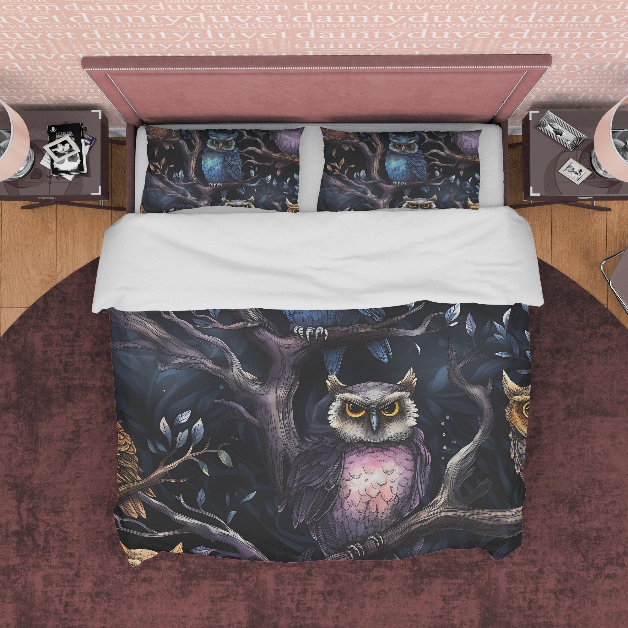 Scary Owl Dark Duvet Cover Set, Spooky Midnight Themed Quilt Cover Aesthetic Zipper Bedding, Halloween Room Decor, Haunted Forest Bedding