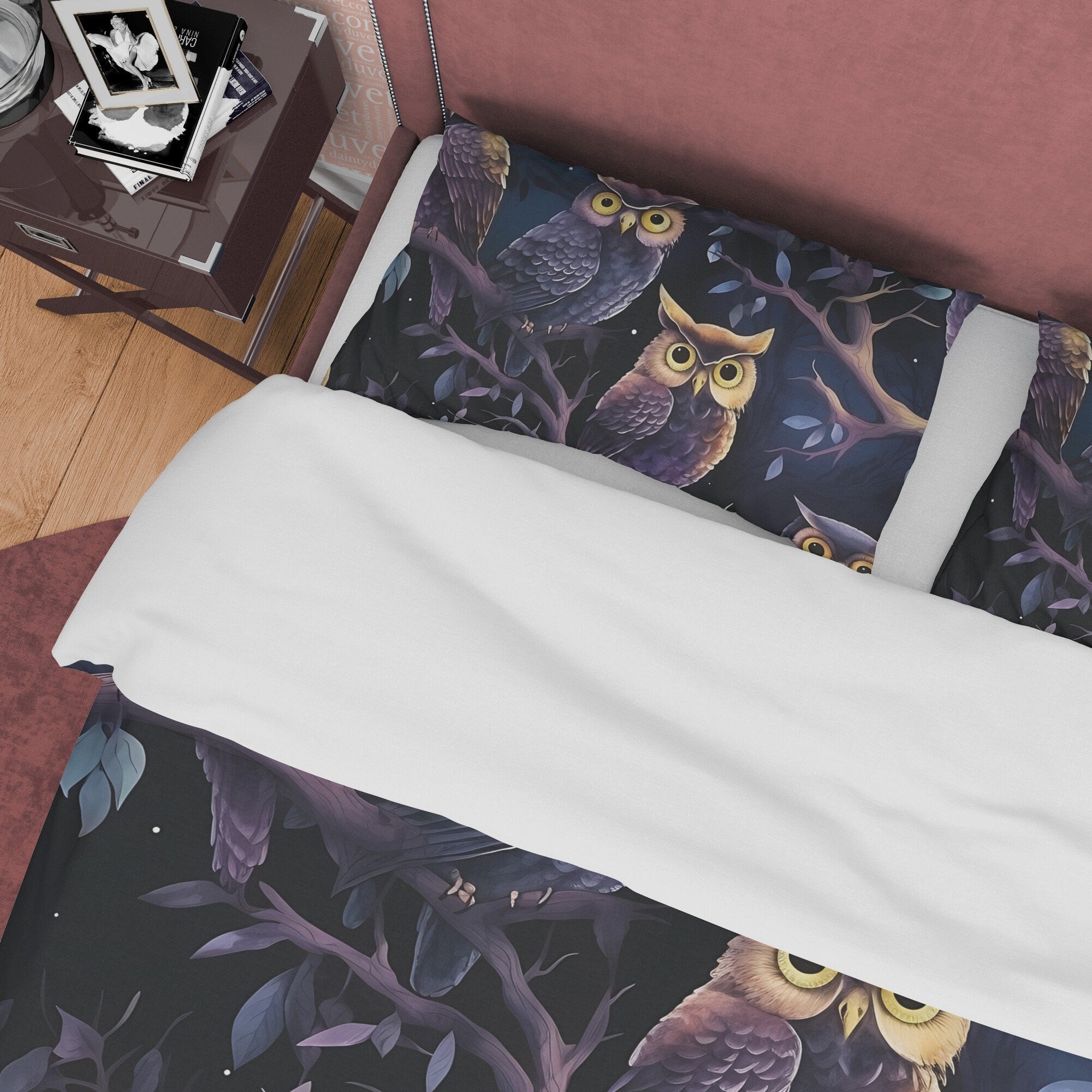 Scary Owl On Midnight Duvet Cover Set, Spooky Darkness Aesthetic Zipper Bedding, Halloween Room Decor, Dark Forest Unique Blanket Cover