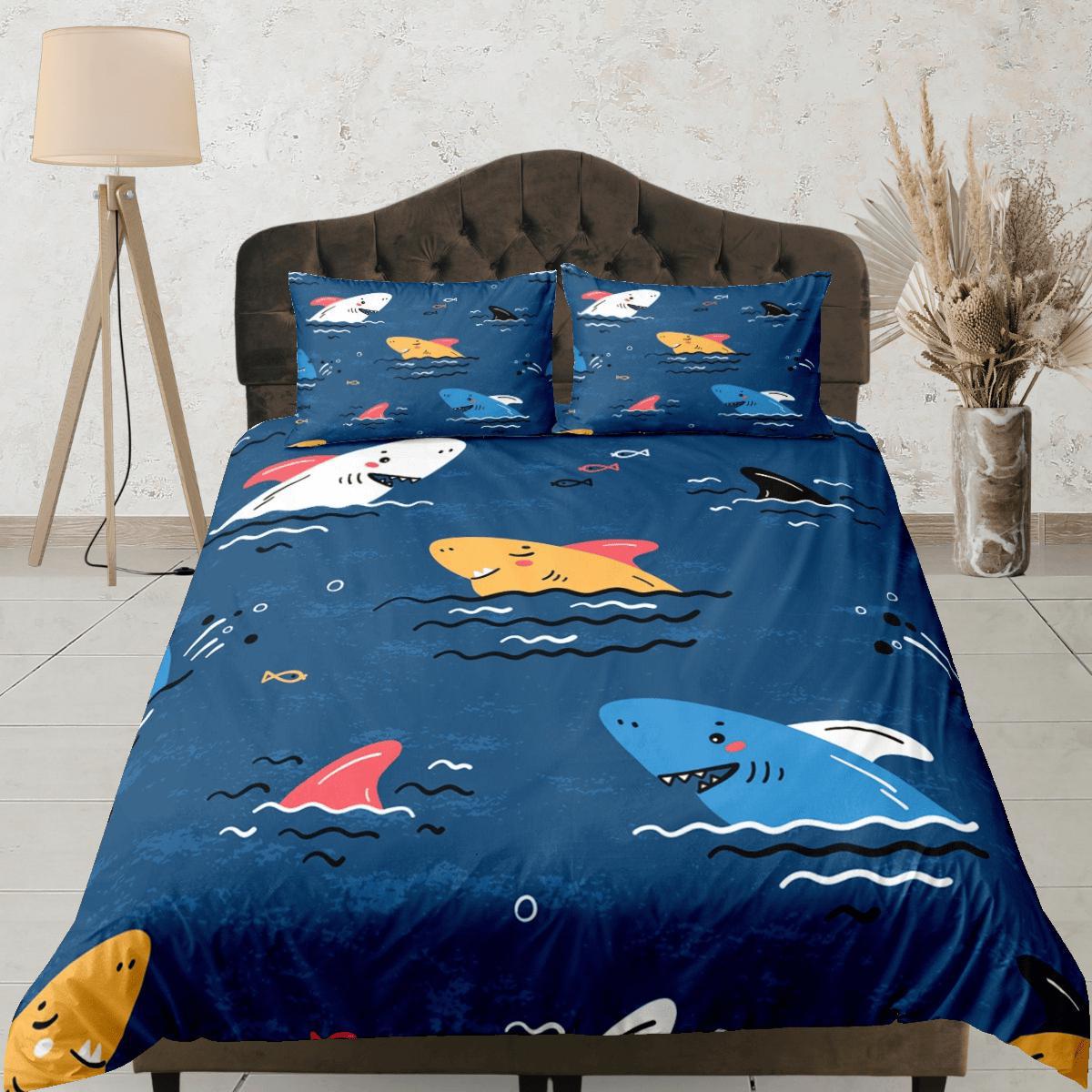 daintyduvet Sharks Blue Duvet Cover Set Colorful Bedspread, Kids Full Bedding Set with Pillowcase, Comforter Cover Twin
