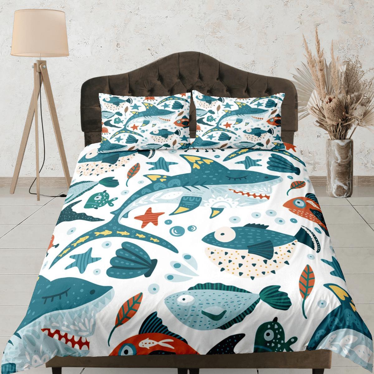 daintyduvet Sharks & Fishes Cute Duvet Cover Set Colorful Bedspread, Kids Full Bedding Set with Pillowcase, Comforter Cover Twin
