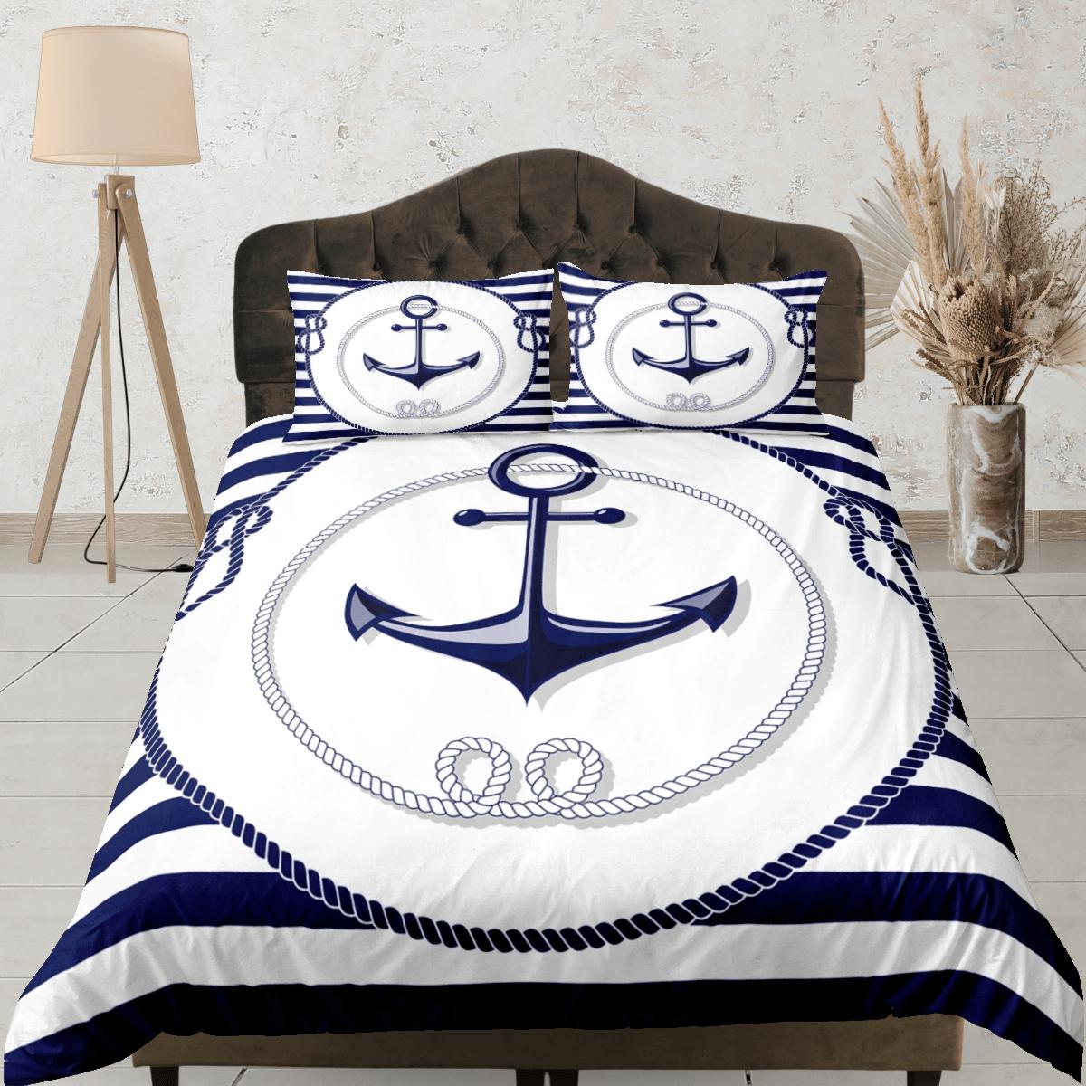 daintyduvet Ship anchor striped nautical duvet cover coastal grandma bedding set full queen king, aesthetic beach room decor, captain gift seaman