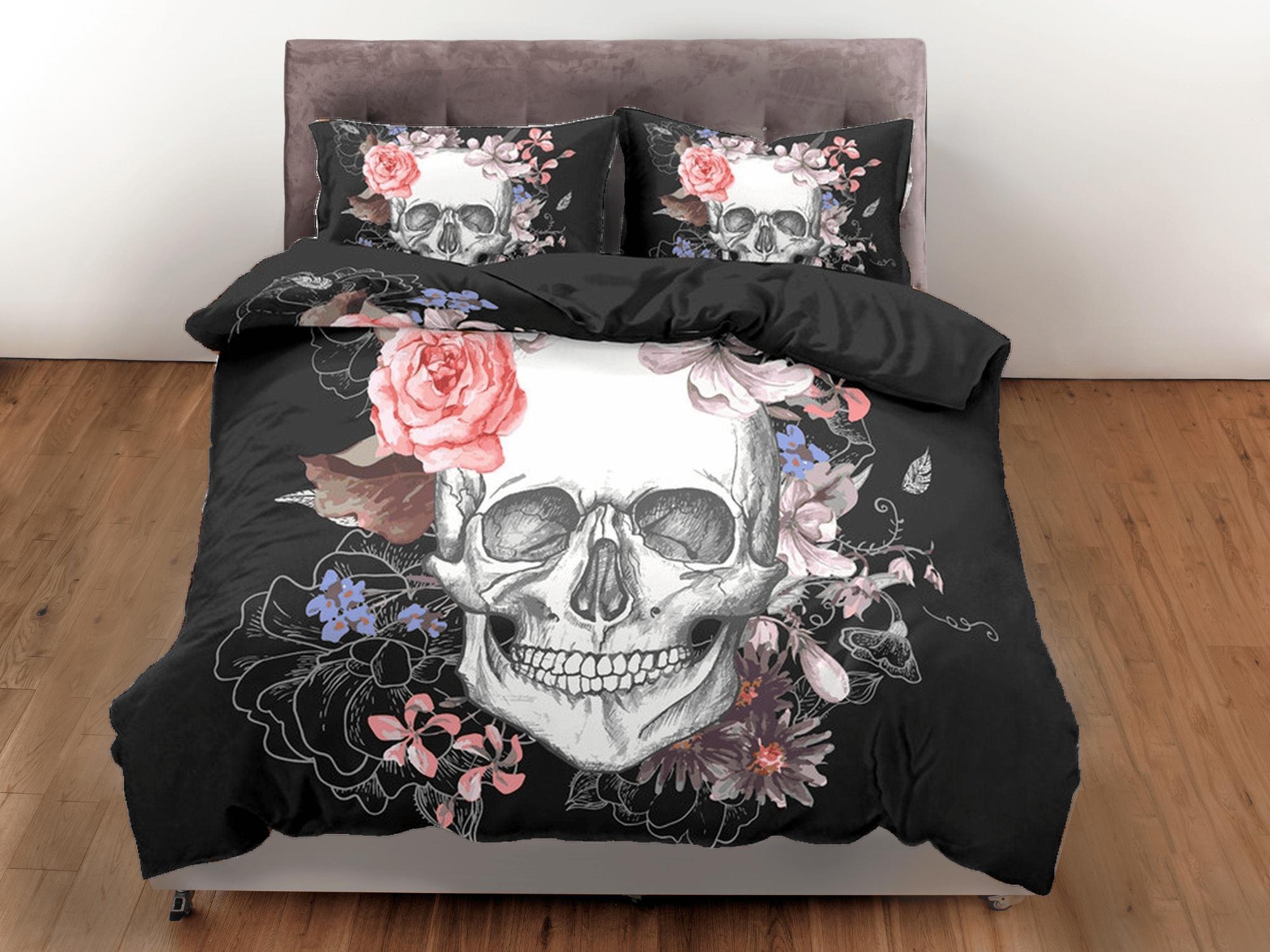 daintyduvet Skull and Roses Black Duvet Cover Set Floral Gothic Bedspread Dorm Bedding Pillowcase Comforter Cover