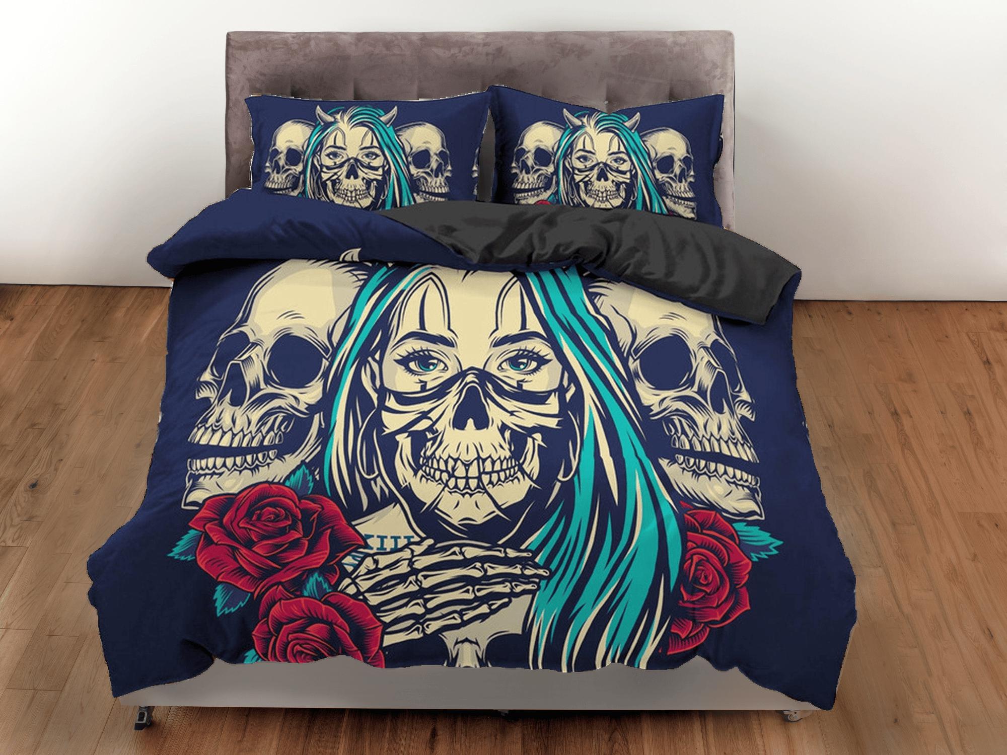 daintyduvet Skull and Roses Black Duvet Cover Set Gangster Bedspread Dorm Bedding Pillowcase Comforter Cover