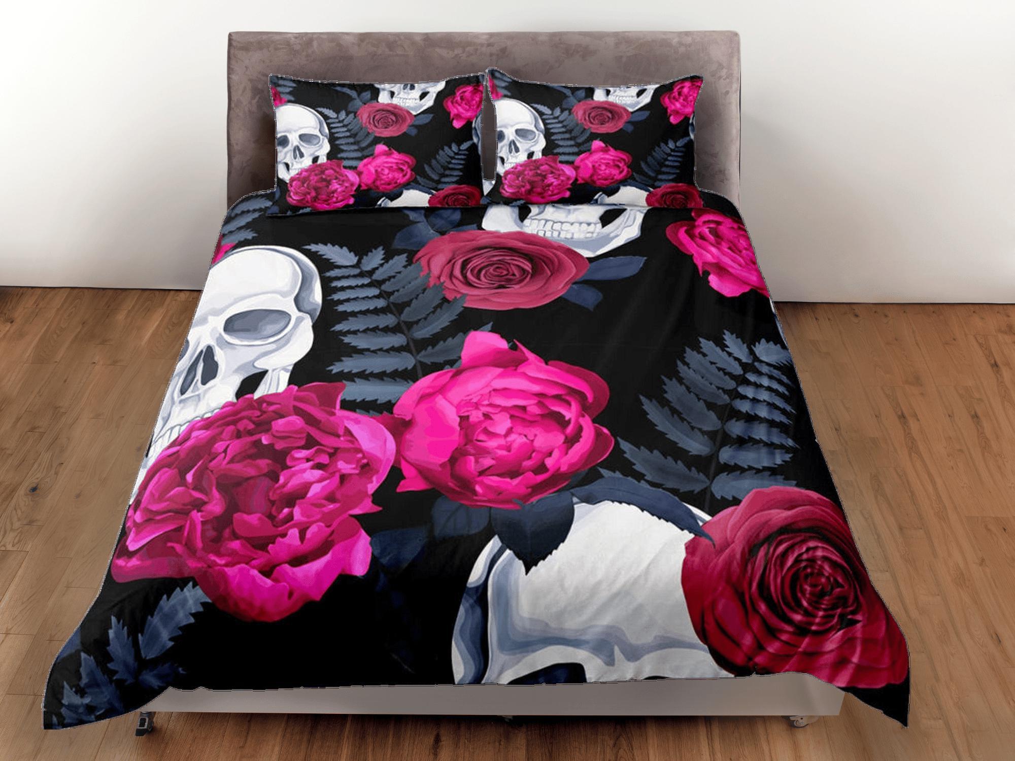 daintyduvet Skull and Roses Black Duvet Cover Set Gothic Bedspread Dorm Bedding with Pillowcase, Comforter Cover