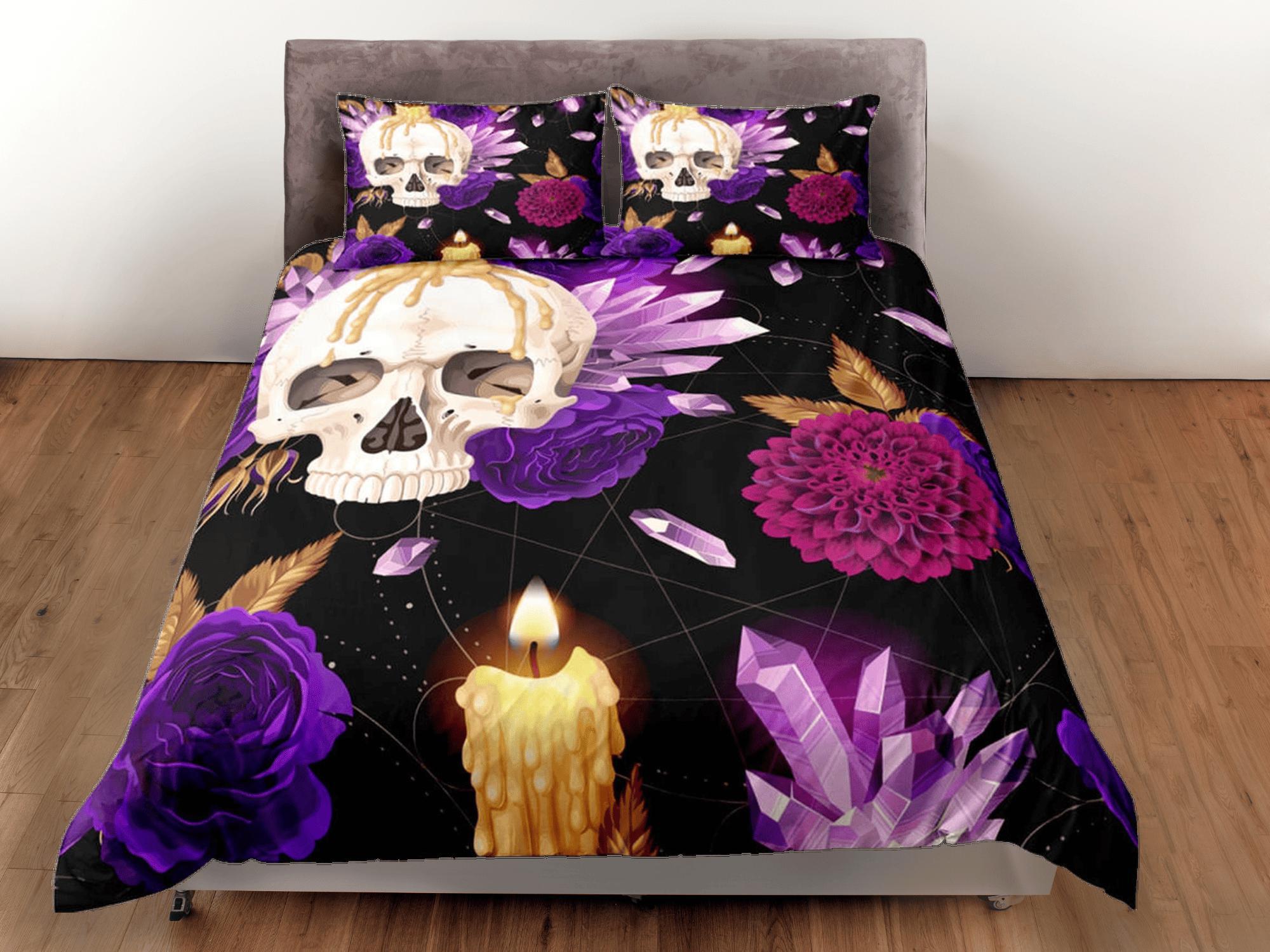 daintyduvet Skull and Roses Black Duvet Cover Set Purple Gothic Bedspread Dorm Bedding Pillowcase Comforter Cover