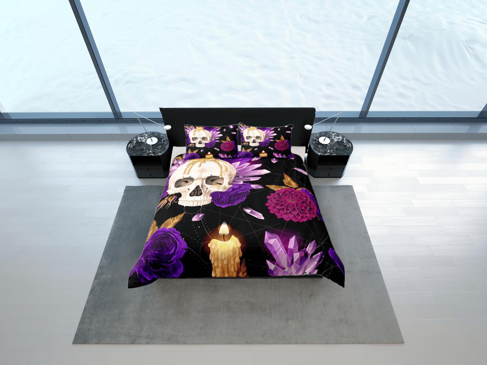 daintyduvet Skull and Roses Black Duvet Cover Set Purple Gothic Bedspread Dorm Bedding Pillowcase Comforter Cover