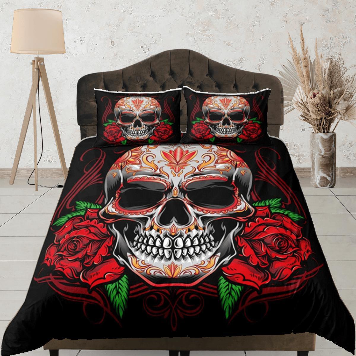 daintyduvet Skull and Roses Gothic Red Duvet Cover Set Bedspread, Dorm Bedding with Pillowcase