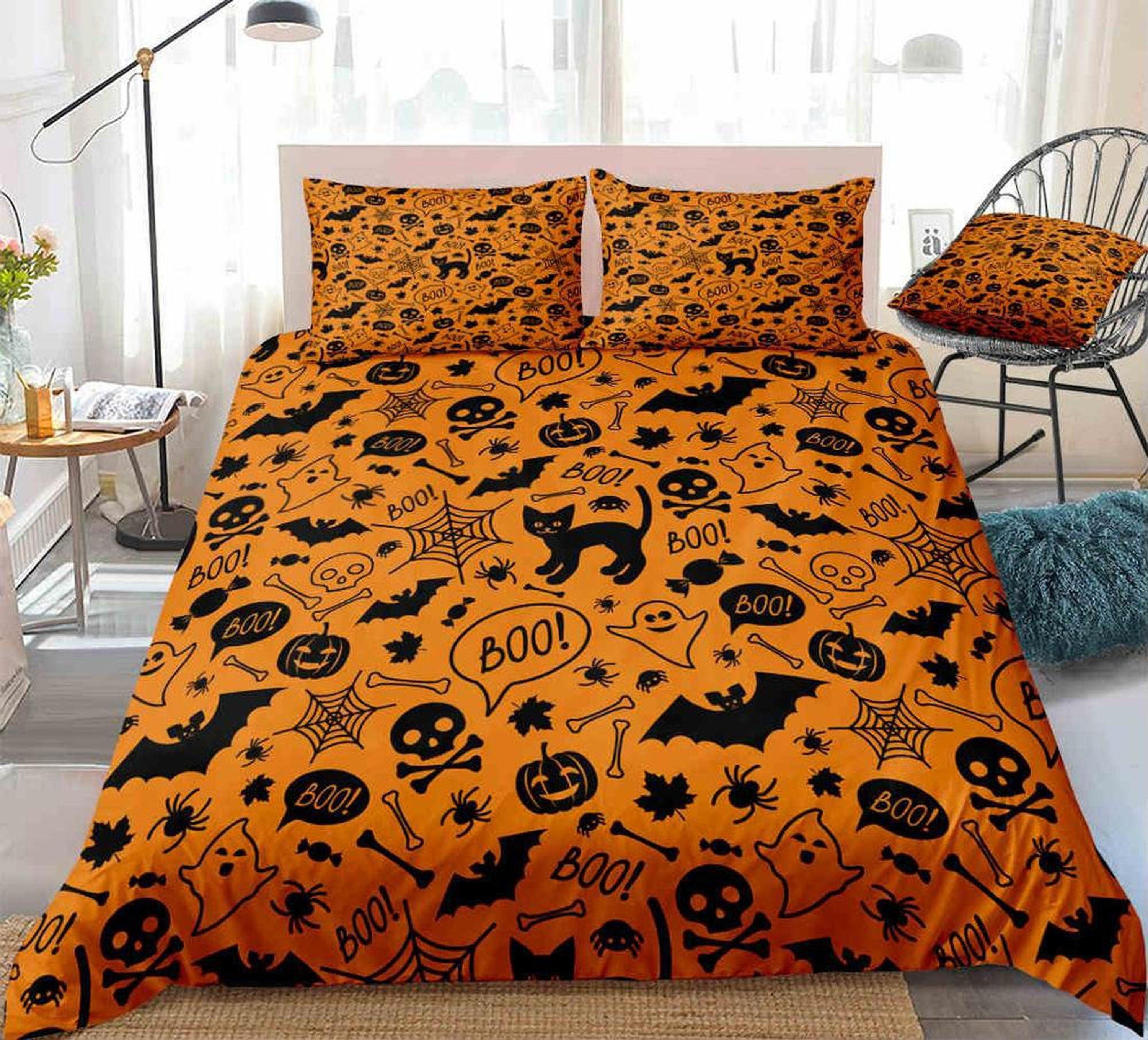 daintyduvet Skull, bats and cat orange halloween bedding & pillowcase, gothic duvet cover, dorm bedding, goth decor toddler bedding, halloween gift
