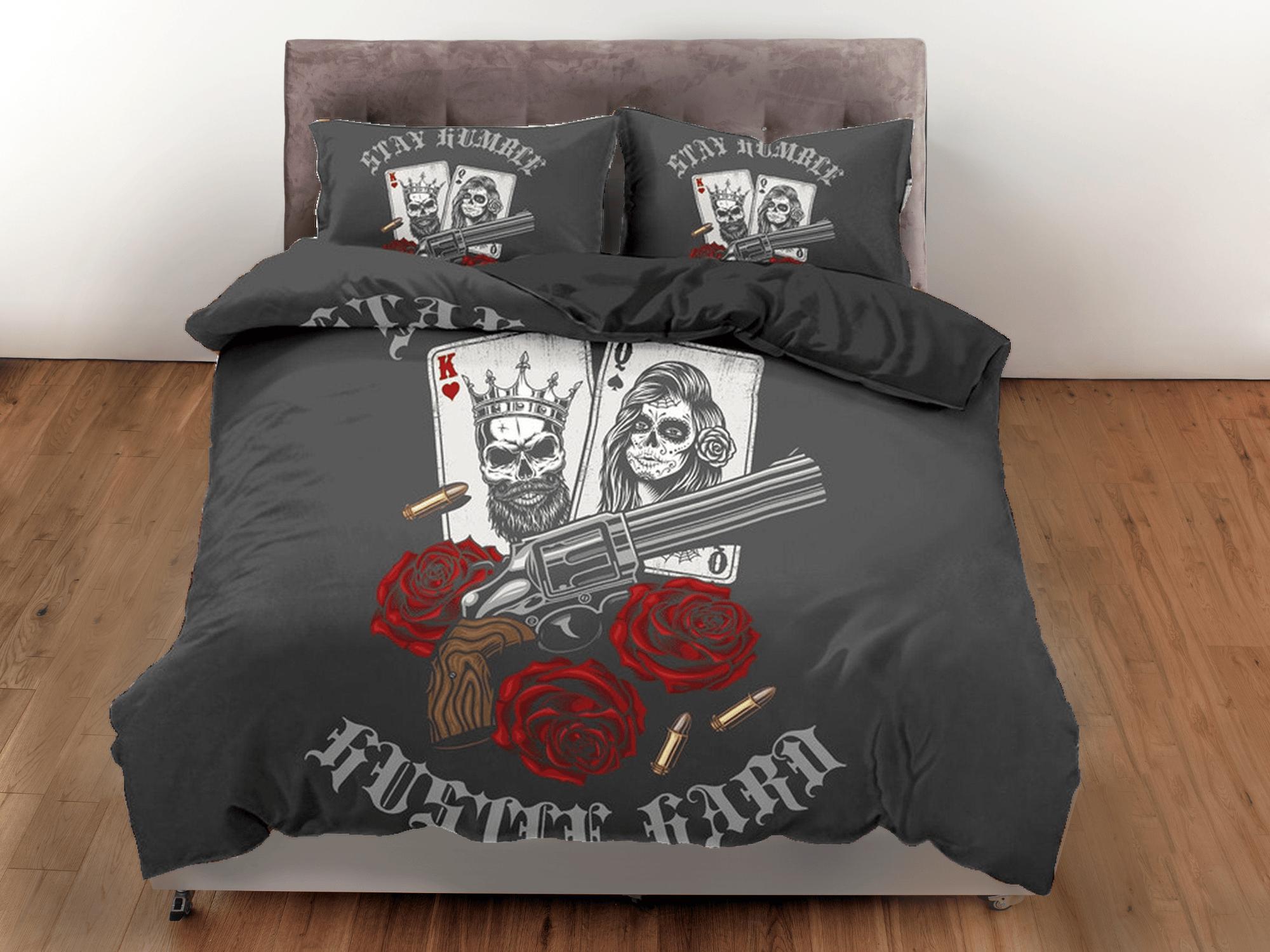 daintyduvet Skull Guns Roses Black Duvet Cover Set Gangster Bedspread Dorm Bedding, Pillowcase Comforter Cover