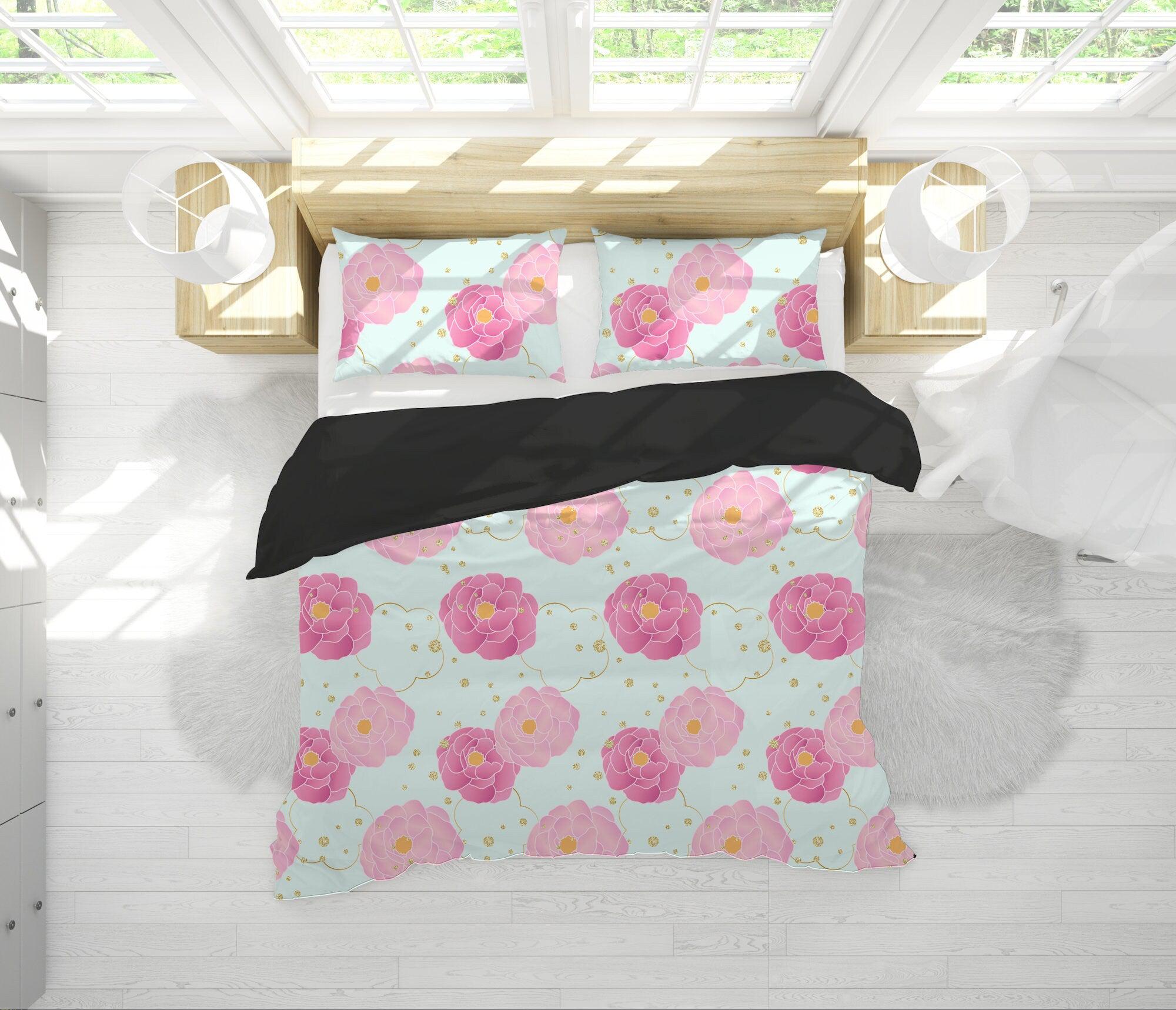 daintyduvet Sky Blue Bedding Set Pink Camellia Flowers, Handmade Colorful Duvet Cover with Pillow Case