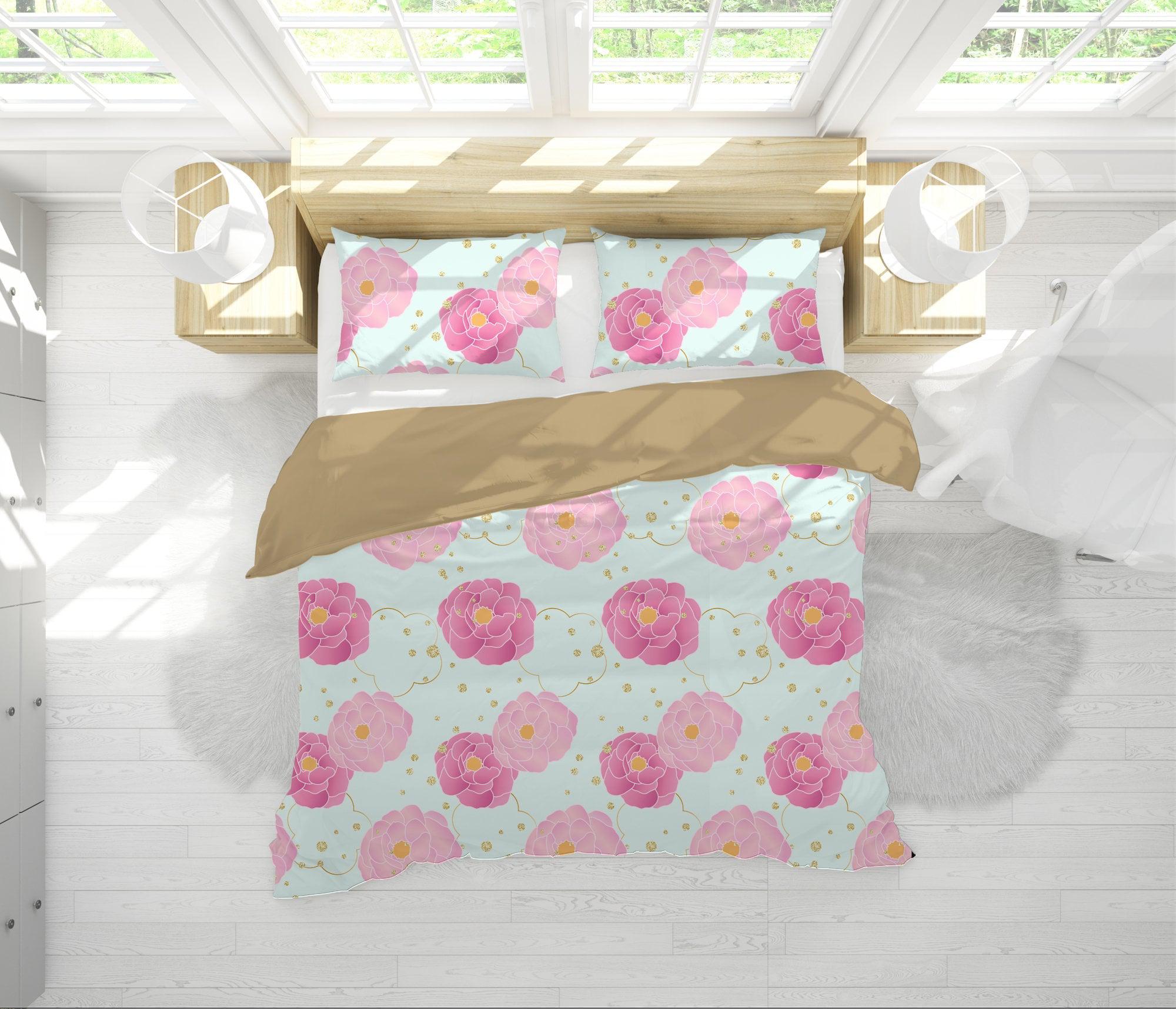 daintyduvet Sky Blue Bedding Set Pink Camellia Flowers, Handmade Colorful Duvet Cover with Pillow Case