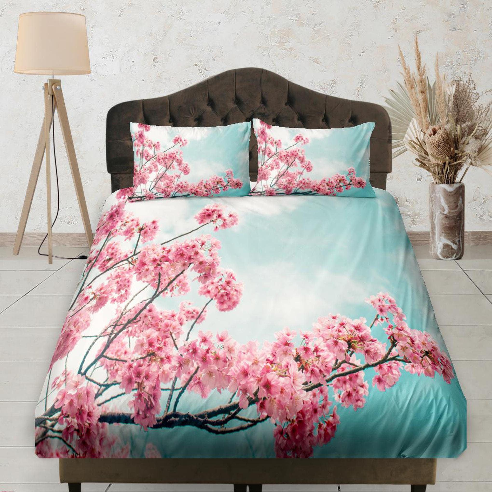 daintyduvet Sky View Cherry Blossoms, Spring Bedsheet, Floral Prints, Aesthetic Bedding Set, Dorm Bedding, Baby Girl Crib Sheet, Shabby Chic Bedding