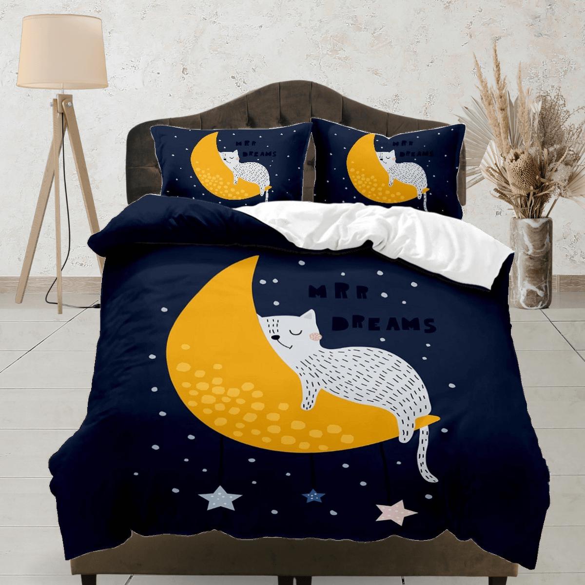 daintyduvet Sleeping cat in crescent moon blue bedding, toddler bedding, kids duvet cover set, gift for cat lovers, baby bedding, baby shower gift
