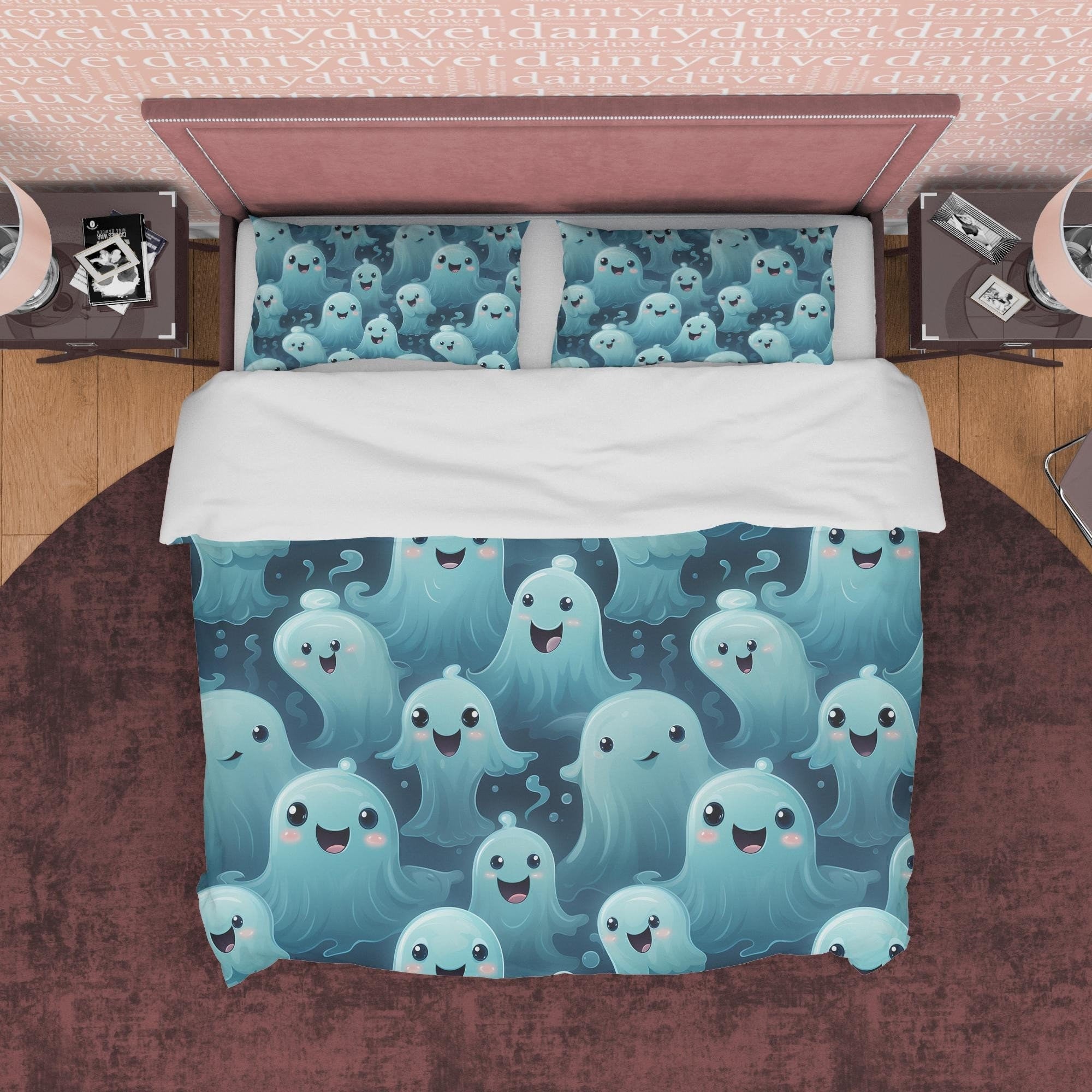 Smiling Ghosts with Kawaii Big Eyes, Duvet Cover Set & Pillowcase, Aesthetic Bedding, Halloween Gift, US, UK, European, Australian Bed Size