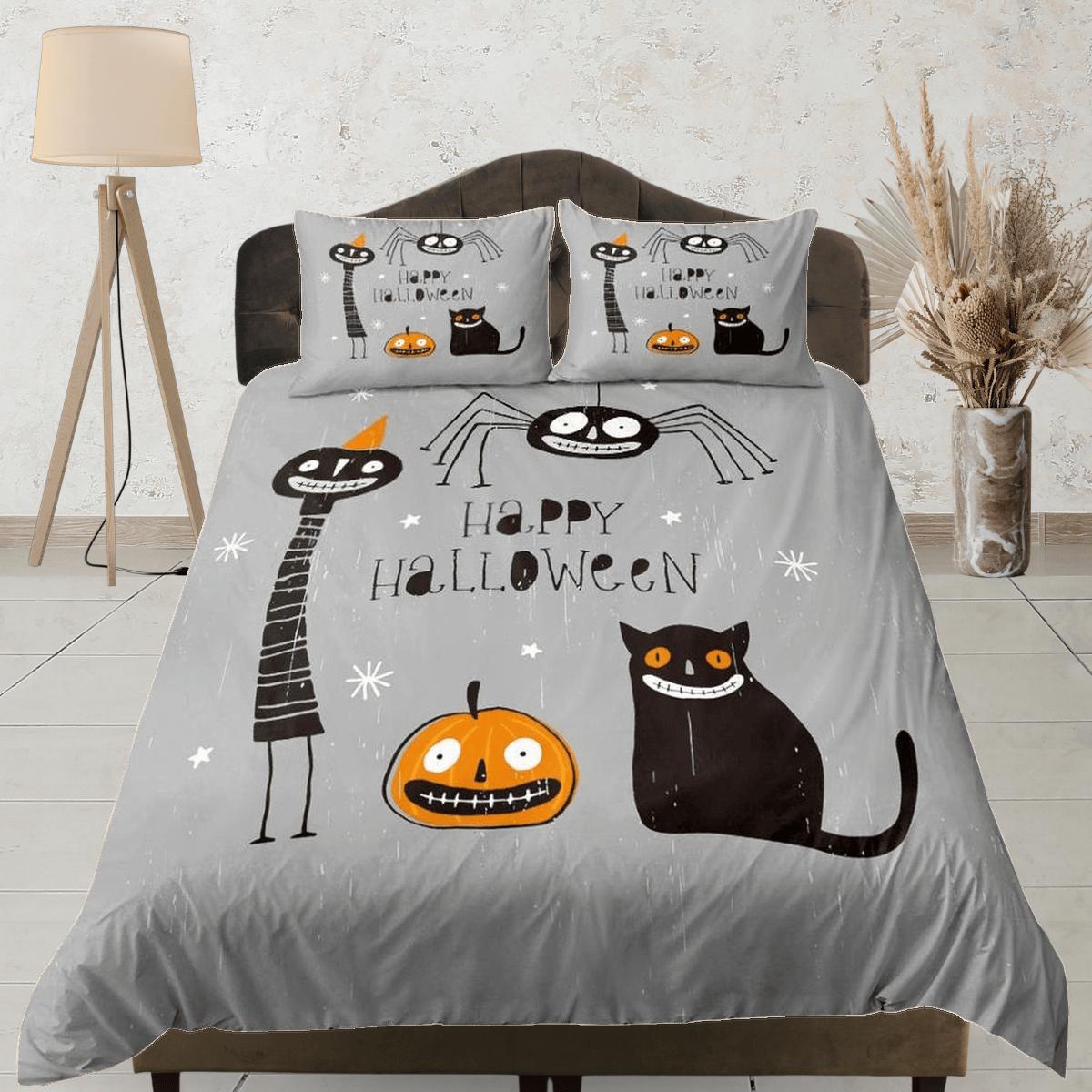 daintyduvet Smiling pumpkin black cat spider halloween bedding & pillowcase, grey duvet cover set dorm bedding, nursery toddler bedding, halloween gift