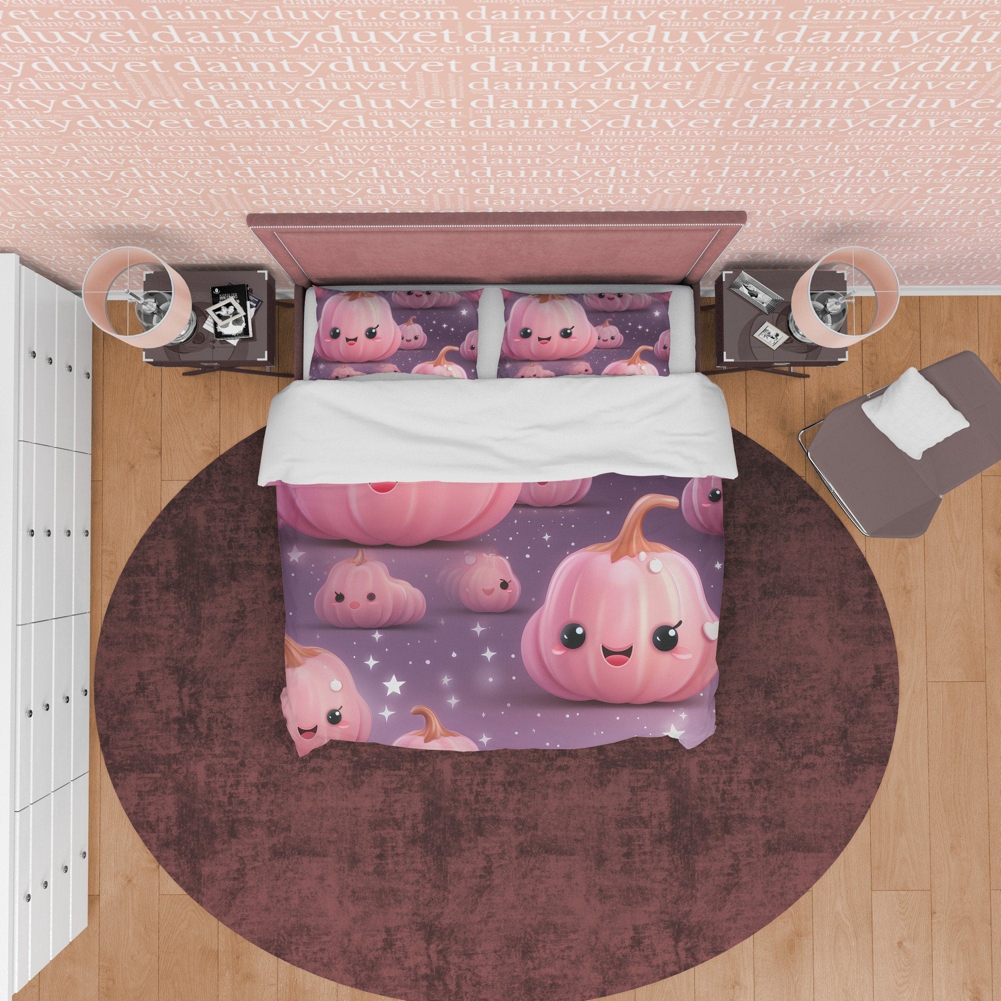 Smiling Pumpkin, Pink Purple Kids Duvet Cover Set, Aesthetic Zipper Bedding, Halloween Room Decor, US, UK, European, Australian Bed Size