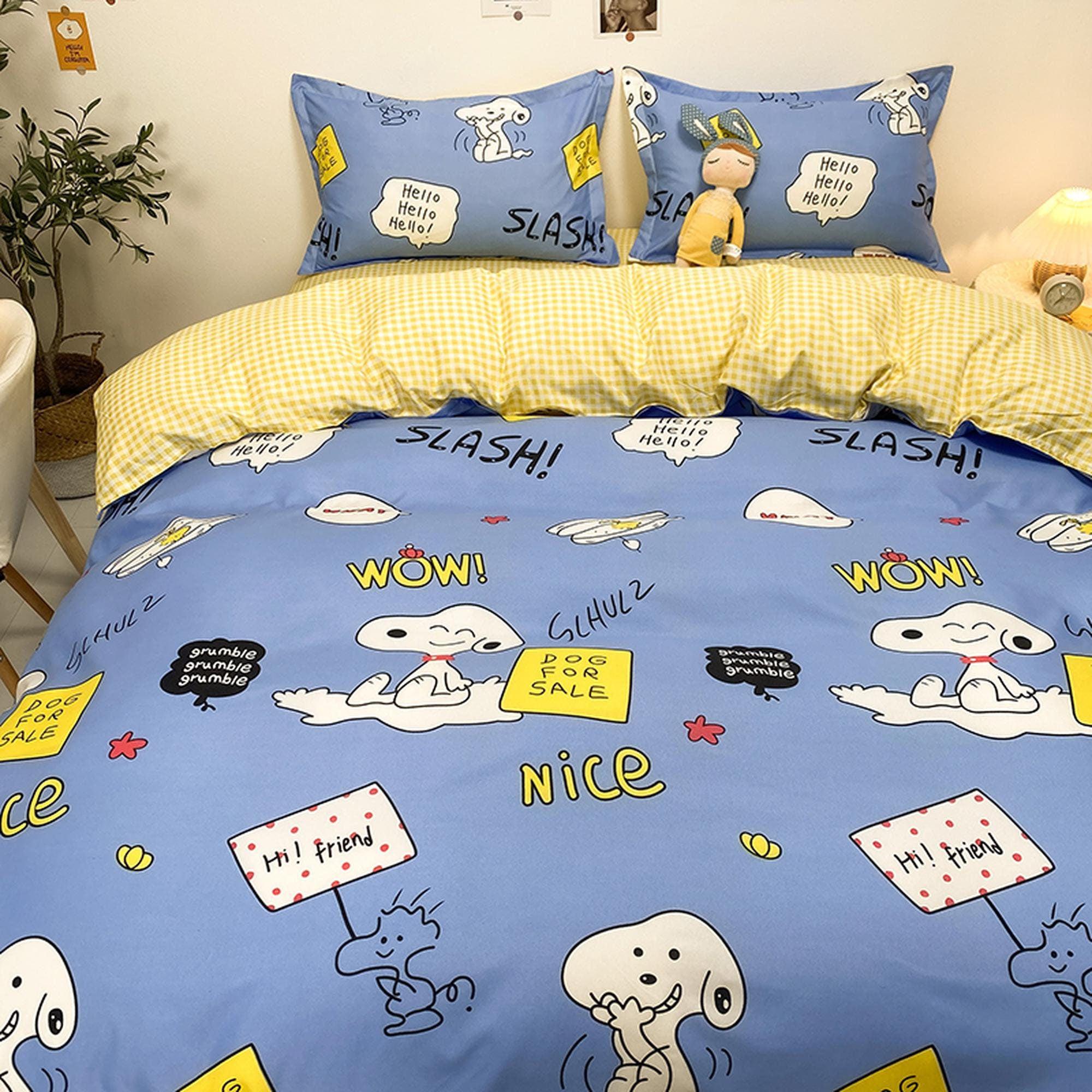 daintyduvet Snoopy Bedding Set, Blue Bedding Yellow Flat Sheet, Kawaii Dorm Bedding, Aesthetic Bedding, Kids Duvet Cover King Queen Full Twin Single