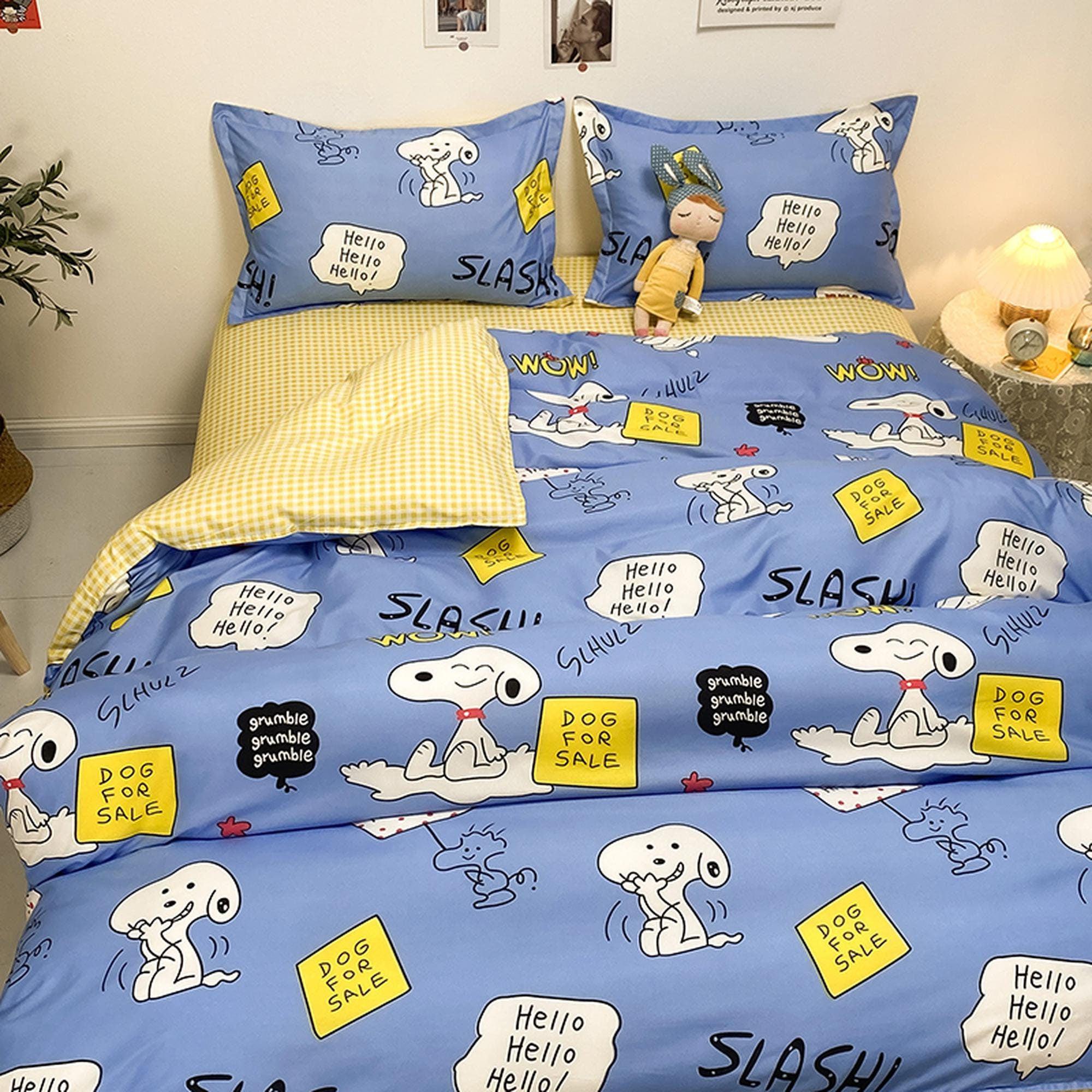 daintyduvet Snoopy Bedding Set, Blue Bedding Yellow Flat Sheet, Kawaii Dorm Bedding, Aesthetic Bedding, Kids Duvet Cover King Queen Full Twin Single