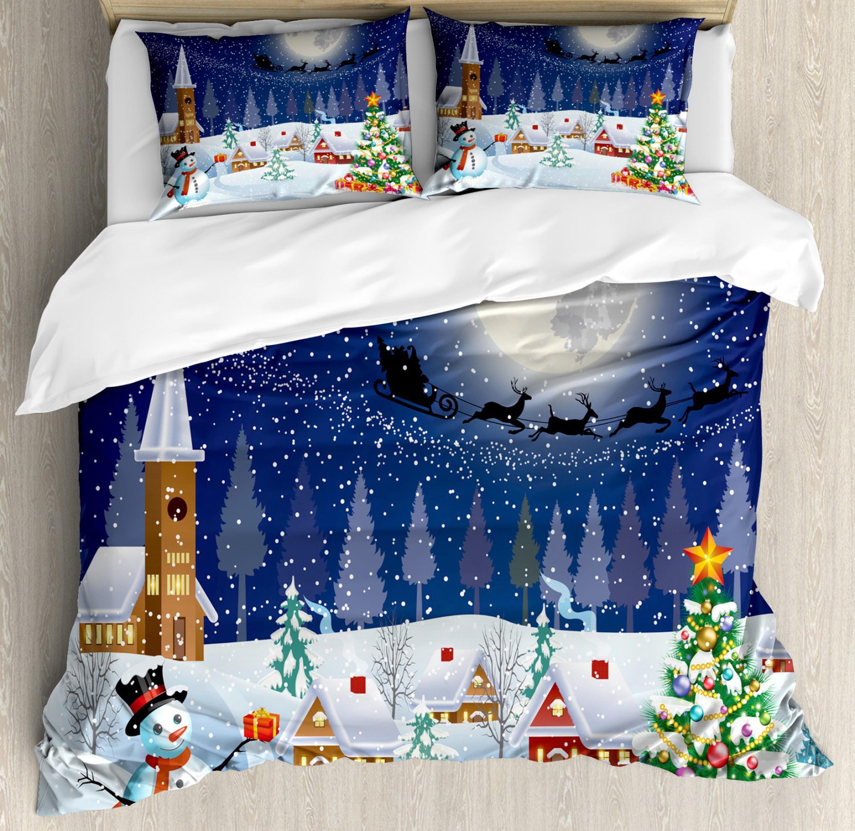 daintyduvet Snowman flying Santa Claus reindeer, white Christmas bedding & pillowcase holiday gift duvet cover, toddler bedding baby Christmas farmhouse