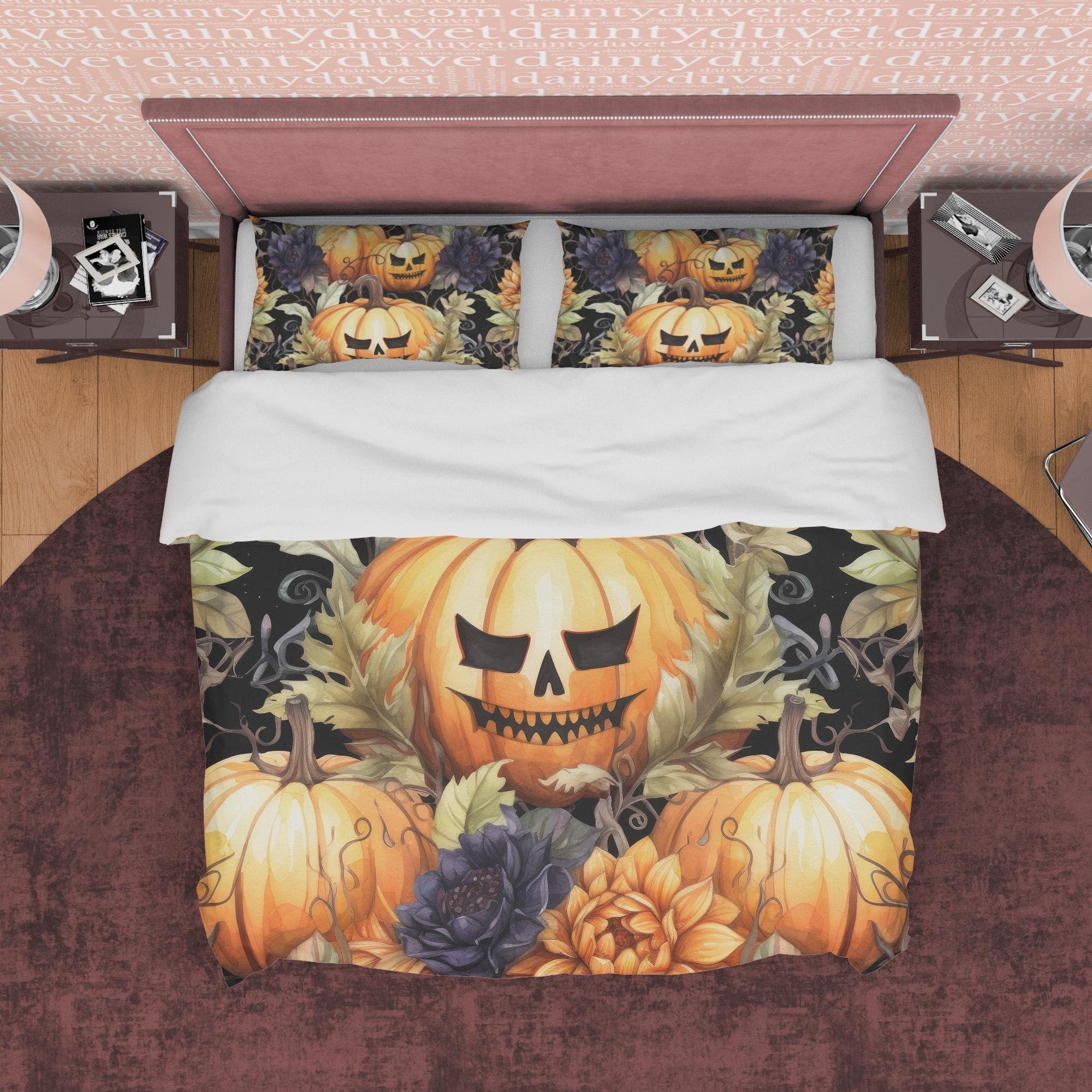 Spooky Bedding Retro Pumpkin Duvet Cover Set, Farmhouse Quilt Cover, Halloween Room Decor, Autumn Quilt Cover, Dorm Bedding, Bedspread
